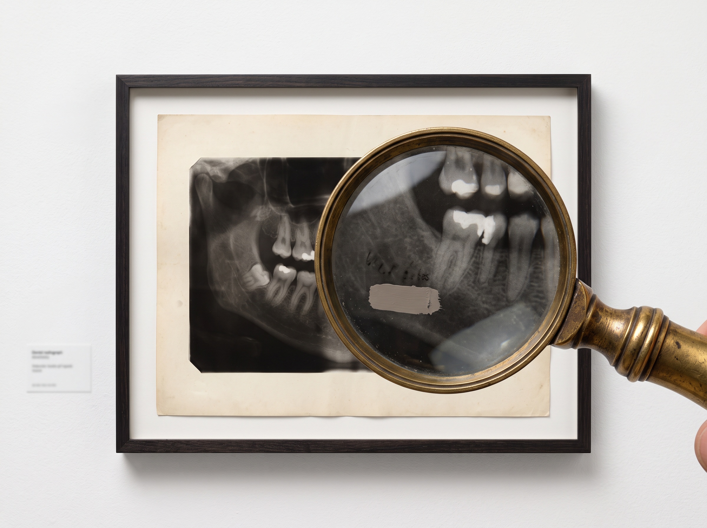 A brass loupe over the corner of a framed x-ray revealing faint burned-in marks partly covered by a redaction rectangle