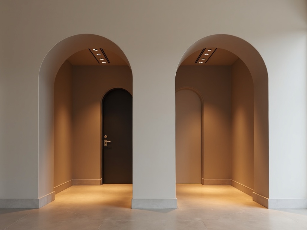 Two elegant gallery doorways side by side in a white wall, one straight and narrow, one wider and arched