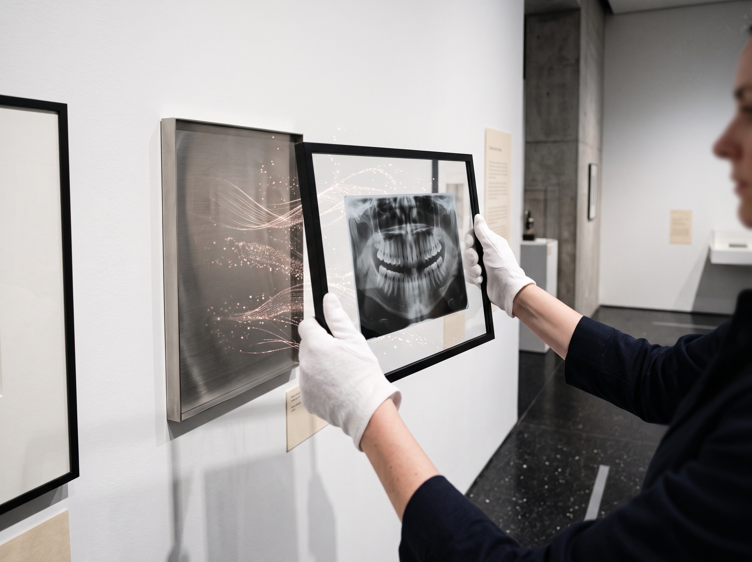 White-gloved hands lifting a clean framed radiograph as faint holographic threads of data dissolve into light around it
