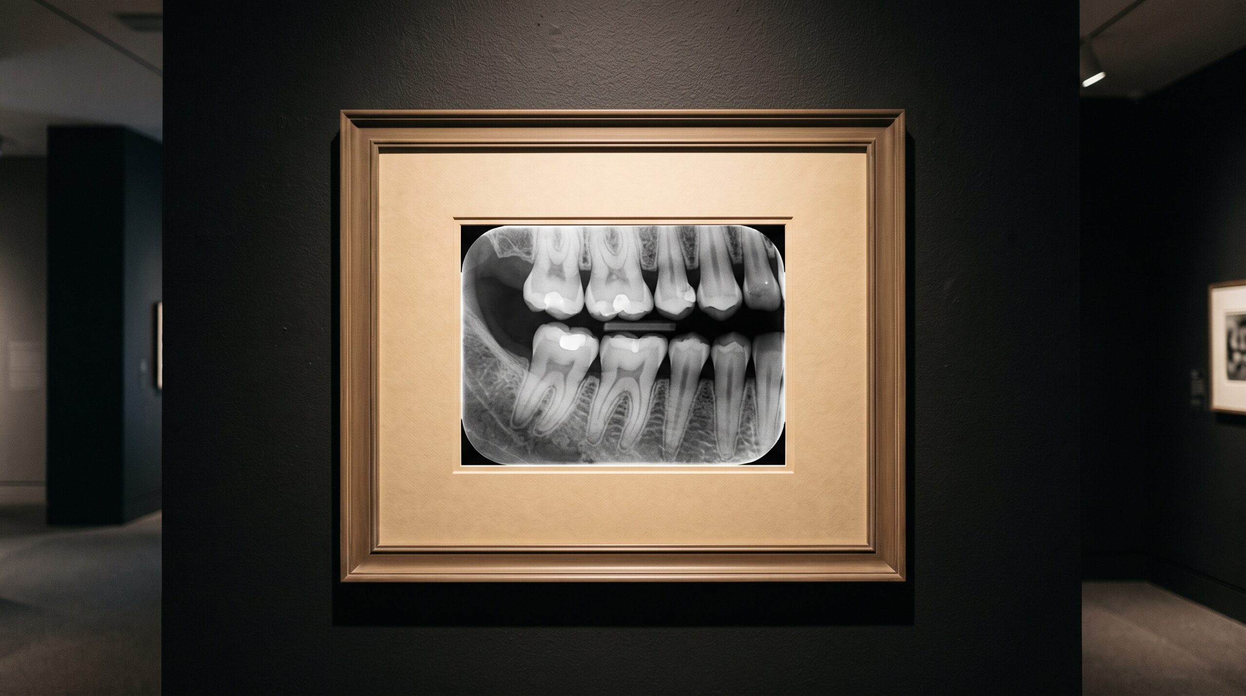 A dental bitewing radiograph displayed as a framed artwork on a dark museum gallery wall