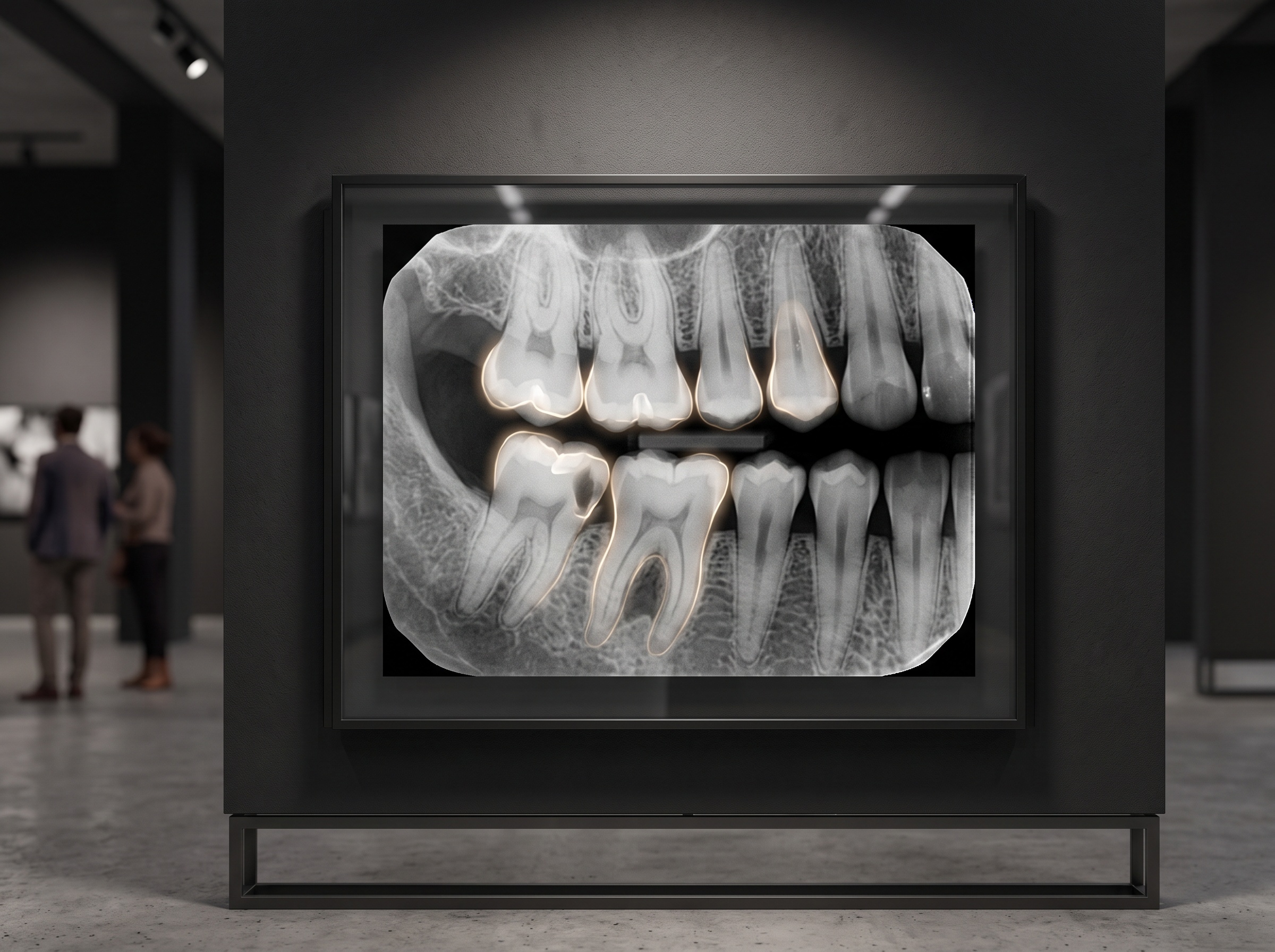 A bitewing radiograph with a subtle glowing AI overlay marking regions of interest