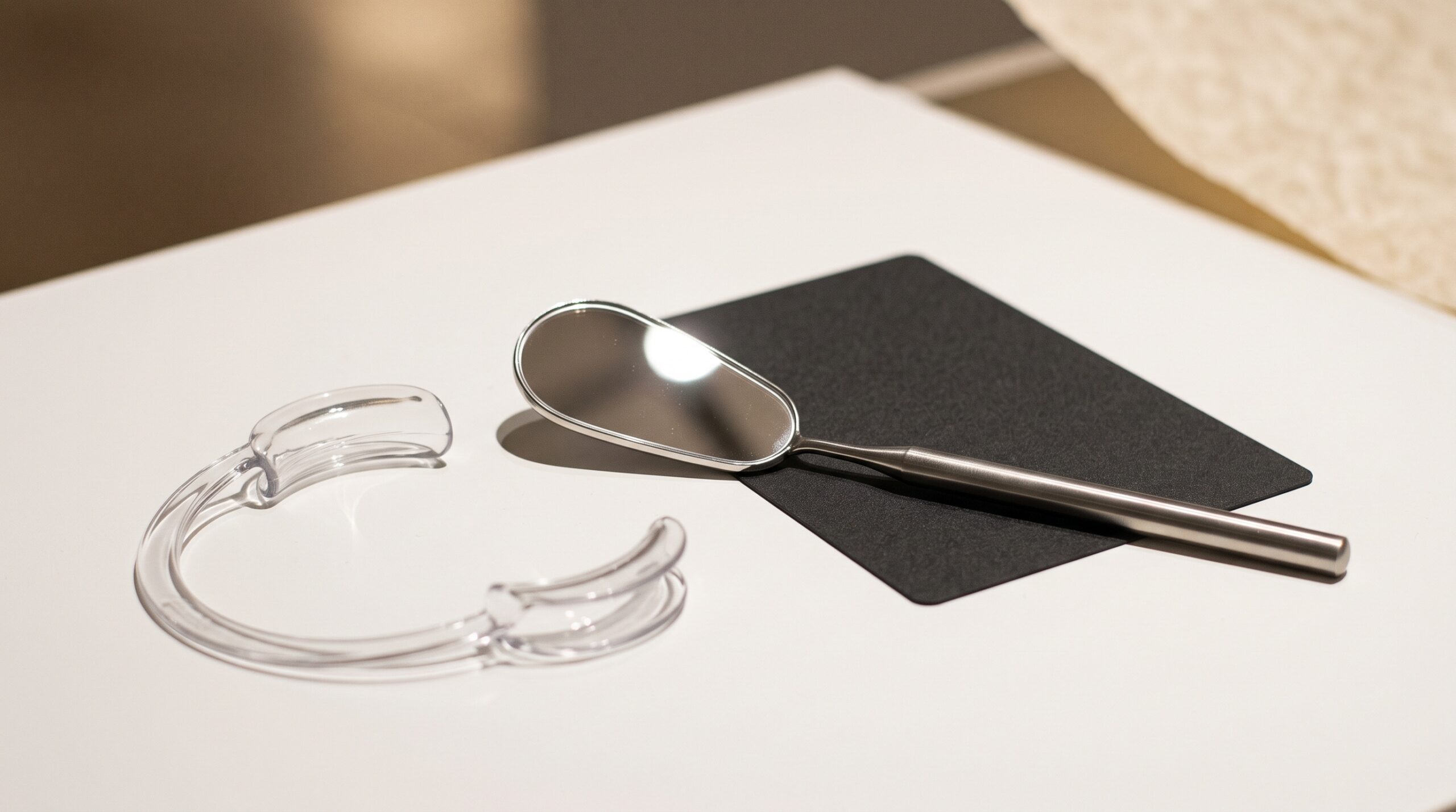 Intraoral photography tools including a retractor, rhodium mirror, and black contraster arranged as a museum-lit still life