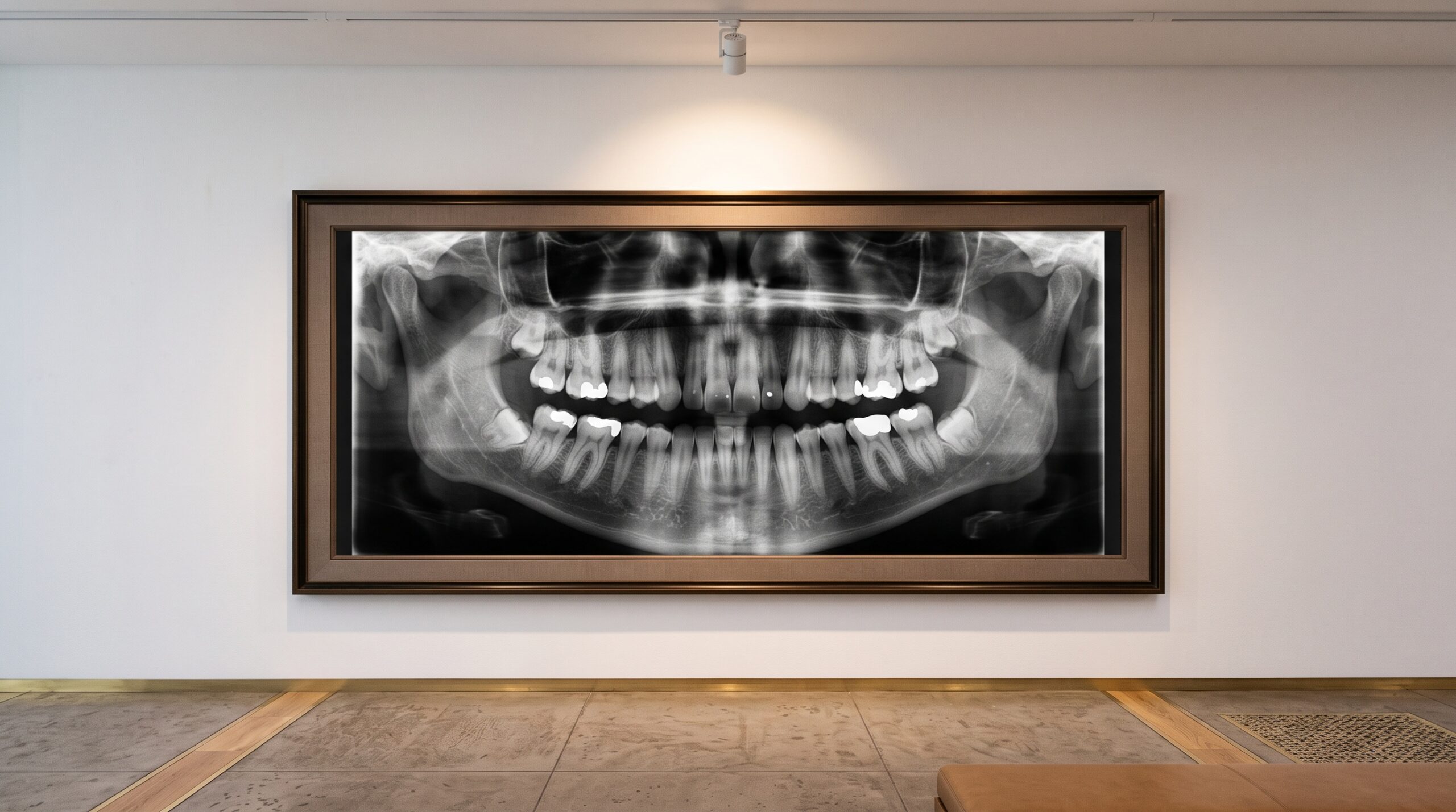A panoramic dental radiograph framed and hung as artwork on a gallery wall under museum lighting