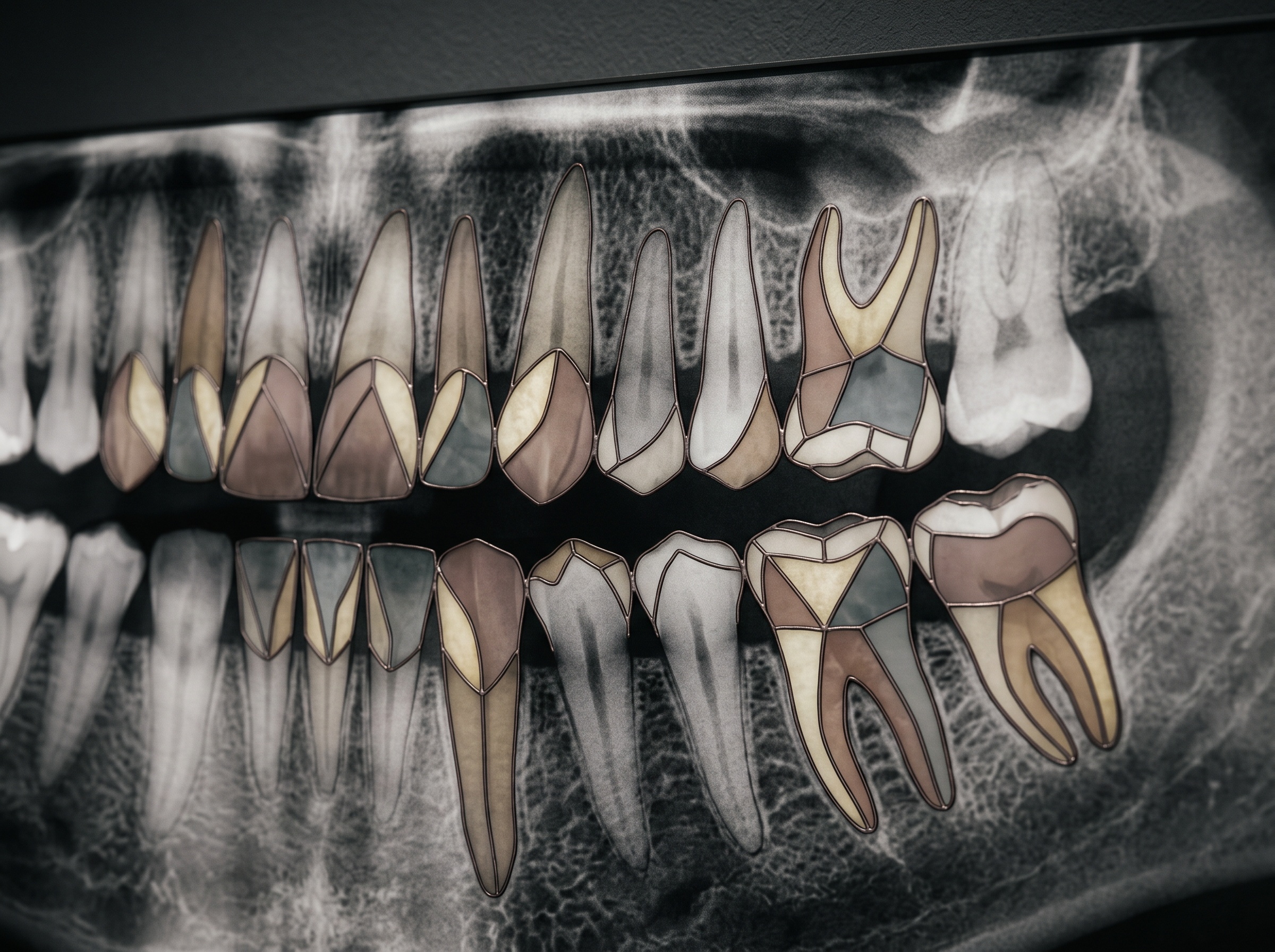 Close-up of a panoramic radiograph with translucent colored masks outlining each individual tooth