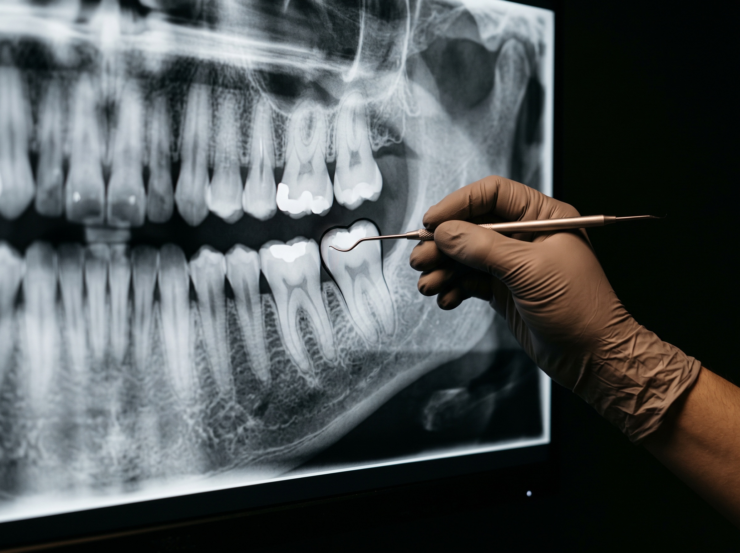 A gloved hand tracing the edge of a tooth on a radiograph with a stylus, like a restorer at work