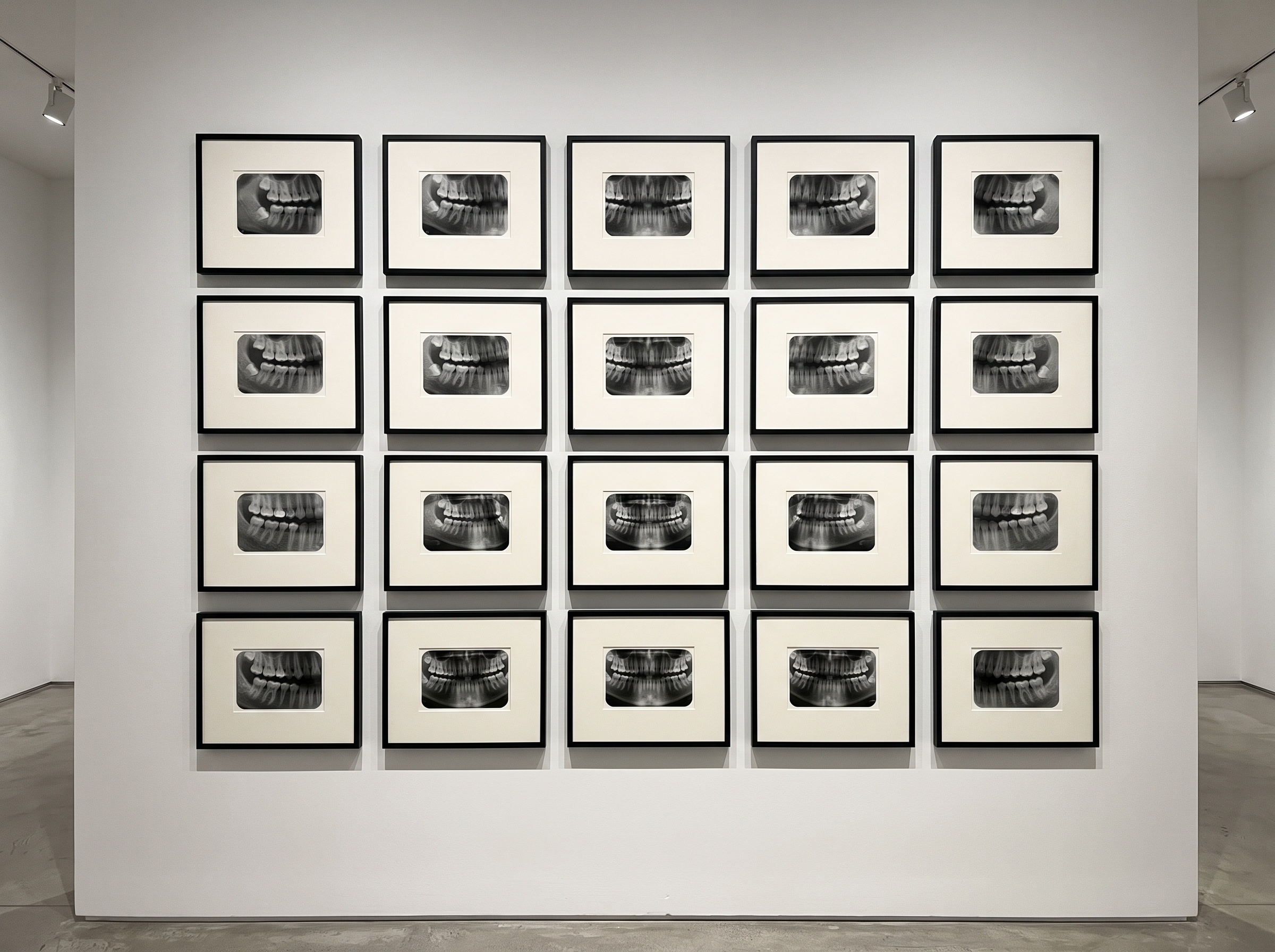 A grid of small framed dental radiographs on a gallery wall, each emphasizing a different focal plane