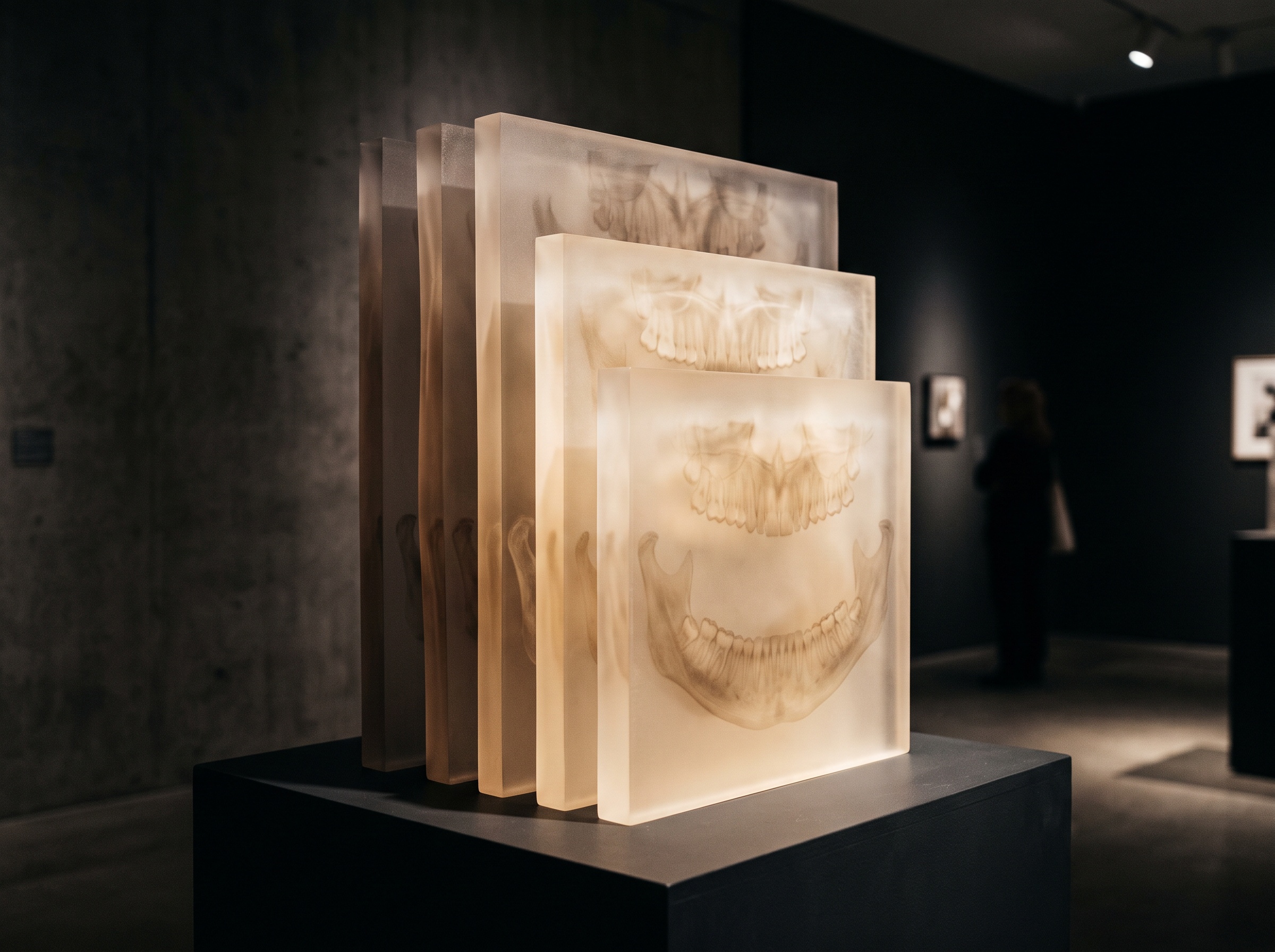 Abstract translucent layered panels each carrying a faint panoramic dental arch, lit from within