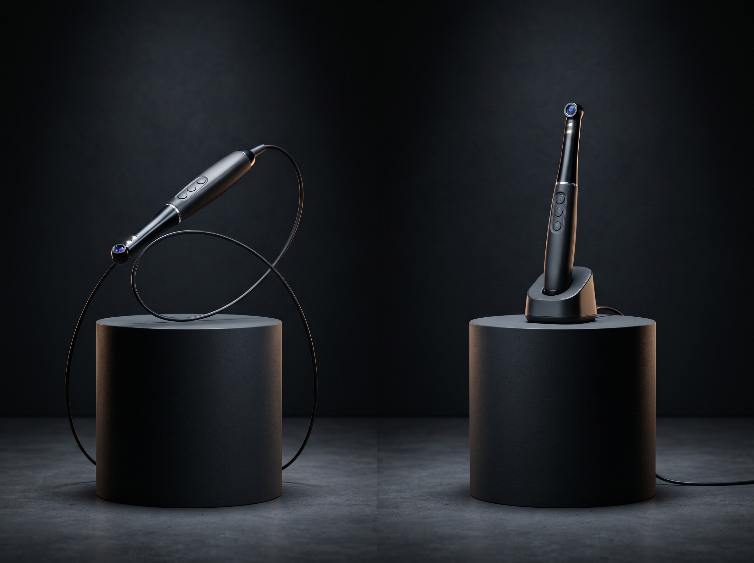 Two intraoral cameras, one wired and one wireless, displayed side by side on matching pedestals