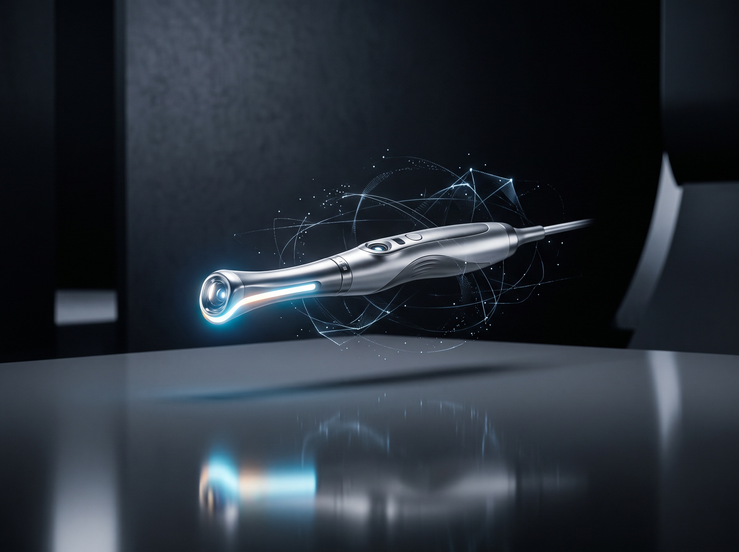 An intraoral camera suspended above a reflective surface surrounded by faint abstract light filaments