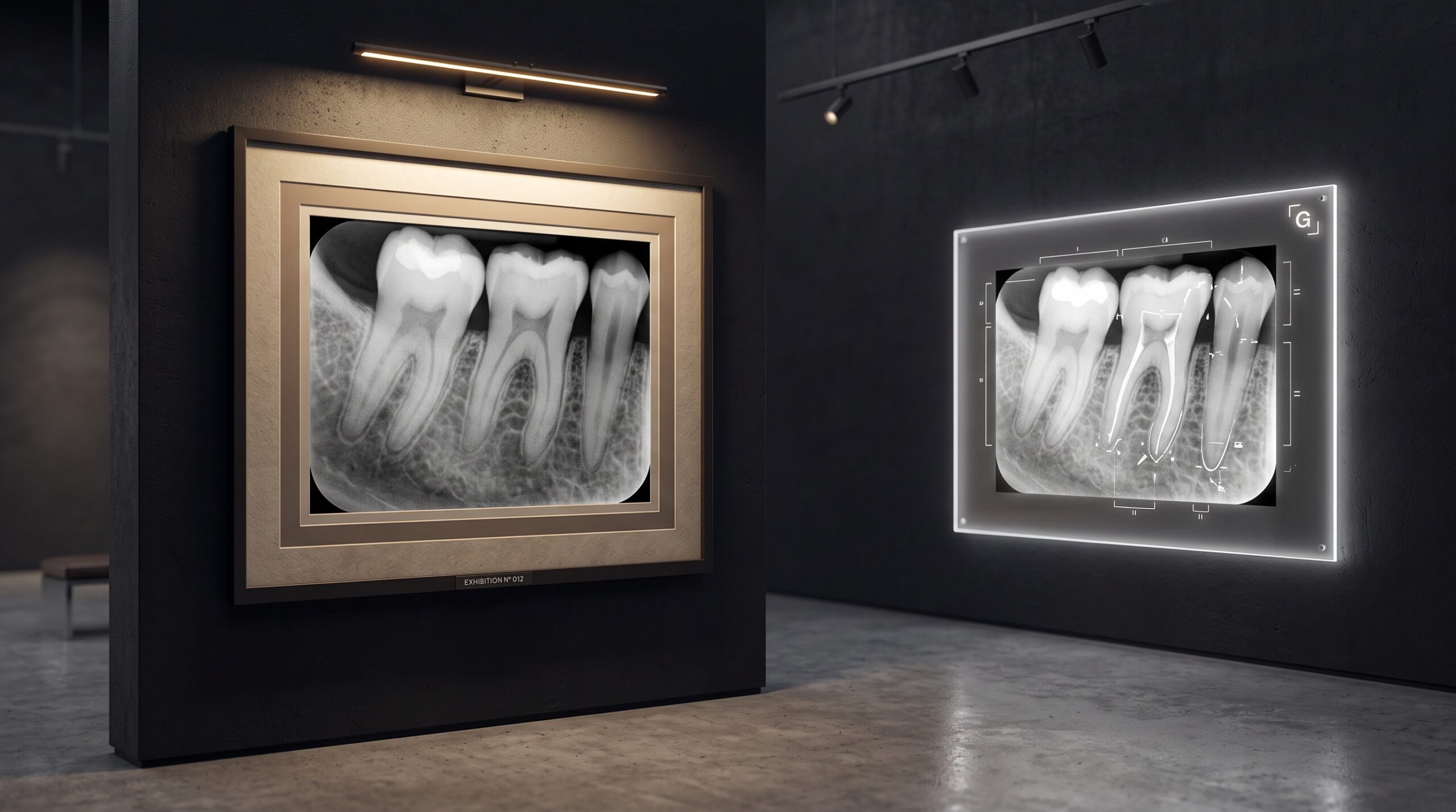 A framed dental periapical radiograph on a gallery wall beside a glowing panel appraising it with a faint scoring overlay
