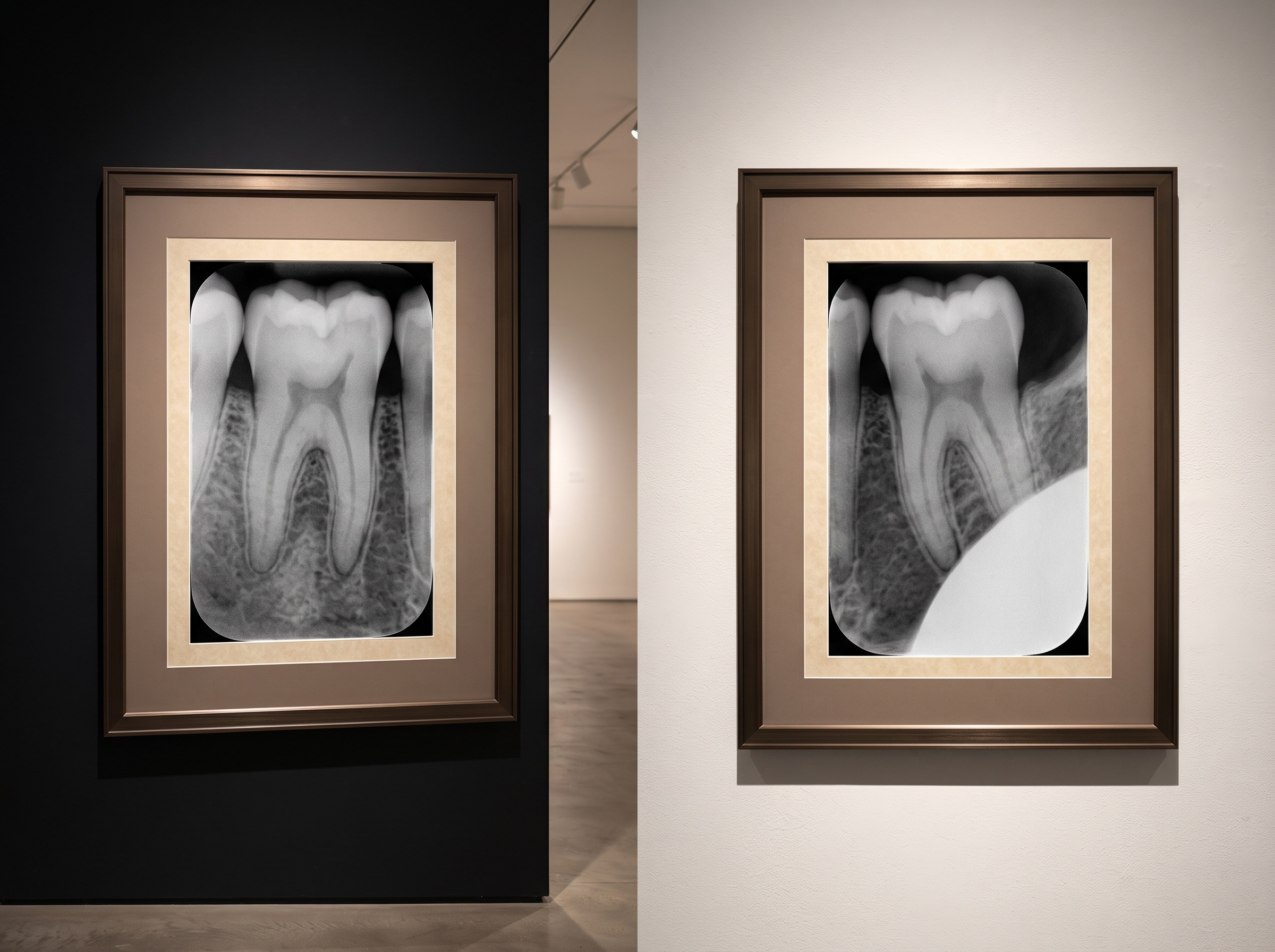 Two framed periapical radiographs of the same tooth, one well-positioned and one foreshortened with a cone-cut edge