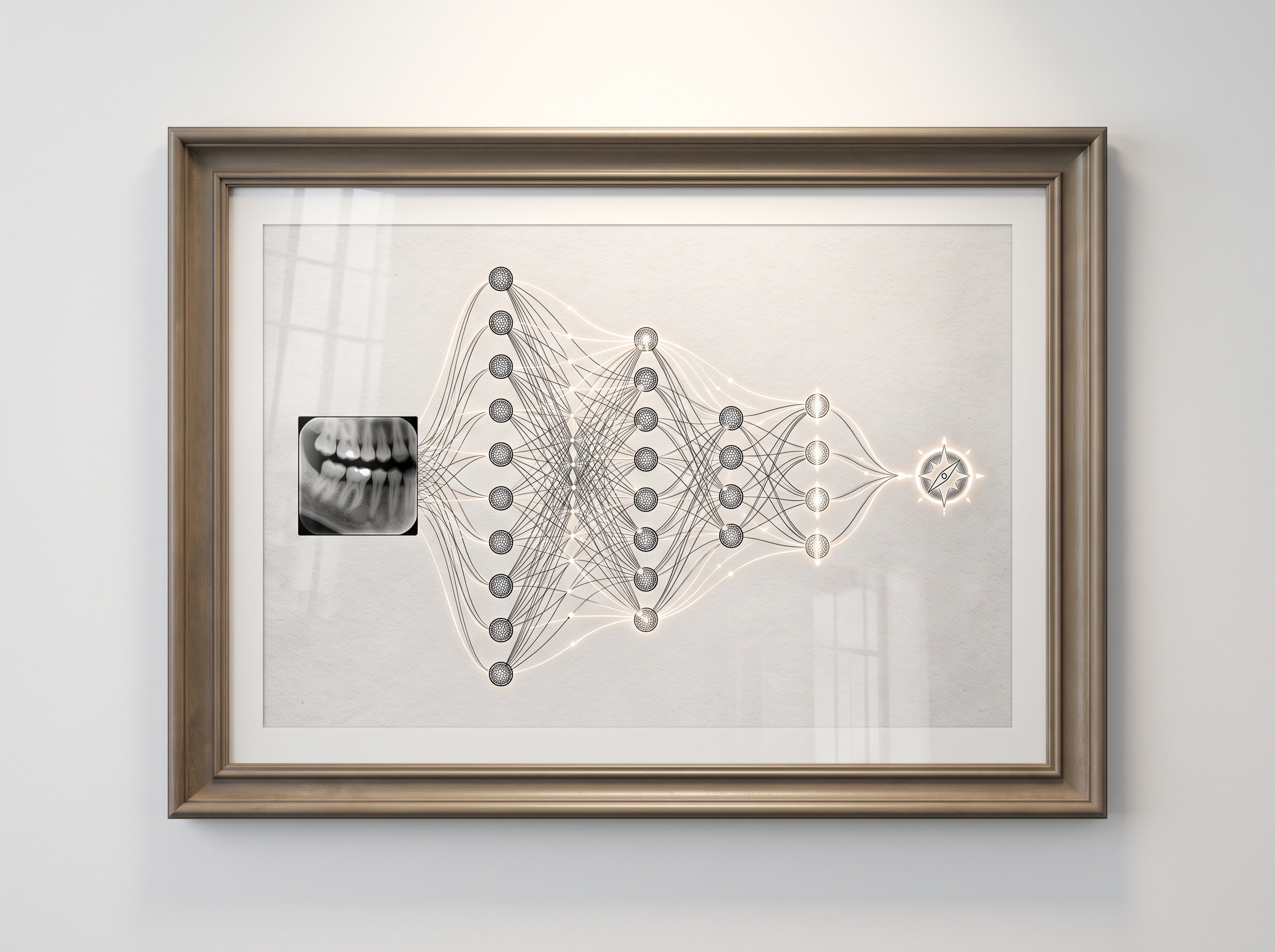 An elegant etching-style illustration of a neural network examining a dental radiograph and distilling a quality score