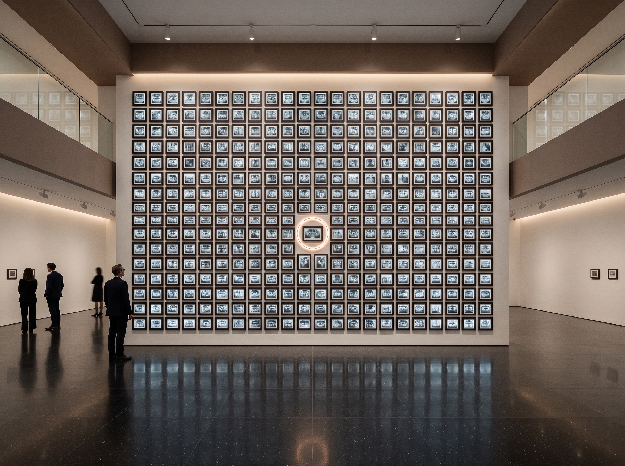 A perfectly even gallery grid of uniform dental radiographs with one frame highlighted by a ring of light