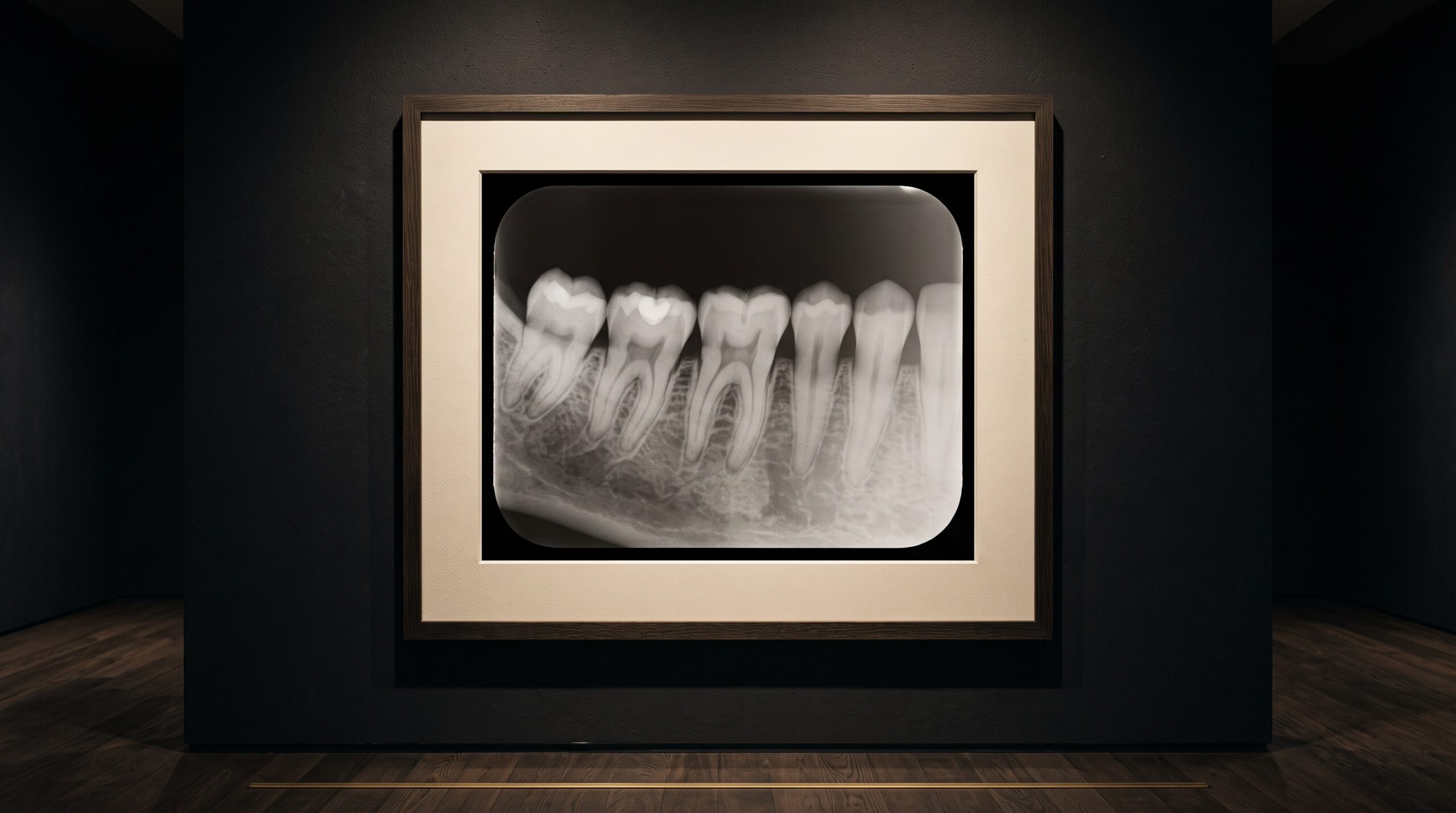 A framed dental radiograph under gallery lighting showing a smooth density gradient from one edge to the other
