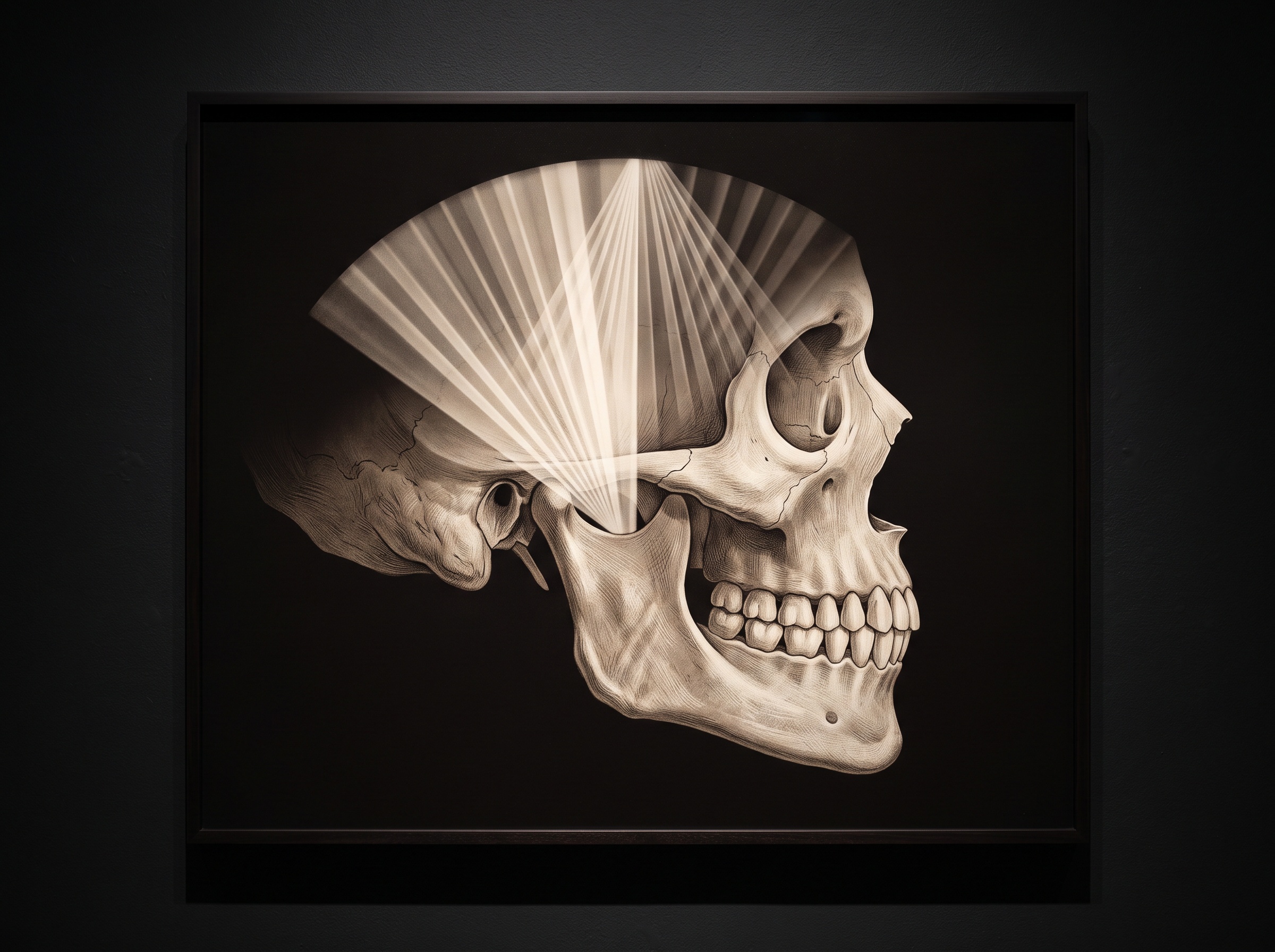 A jaw and skull profile positioned so its thicker region sits under the brighter side of a graded X-ray beam