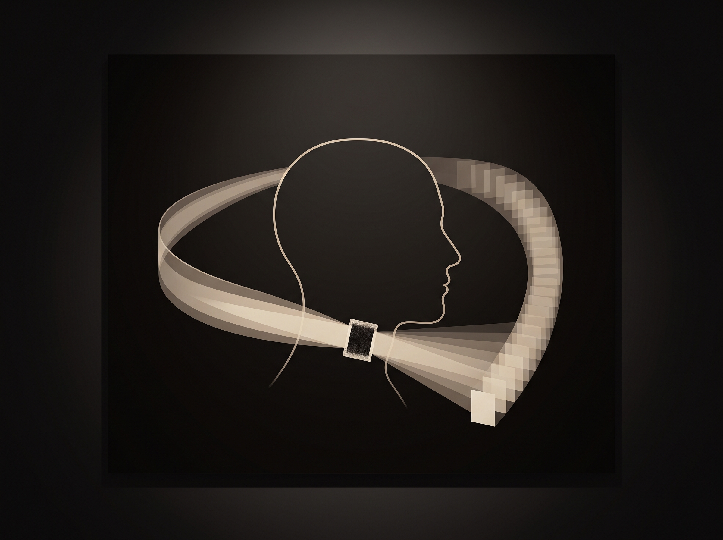 A diagram of an X-ray beam sweeping in an arc around a head in profile, a dense block at the throat casting ghosted repetitions along the sweep
