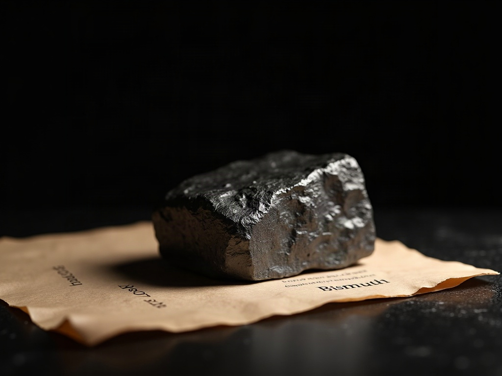 A dense iridescent bismuth ingot on parchment with fine light rays deflecting off its edge in soft arcs