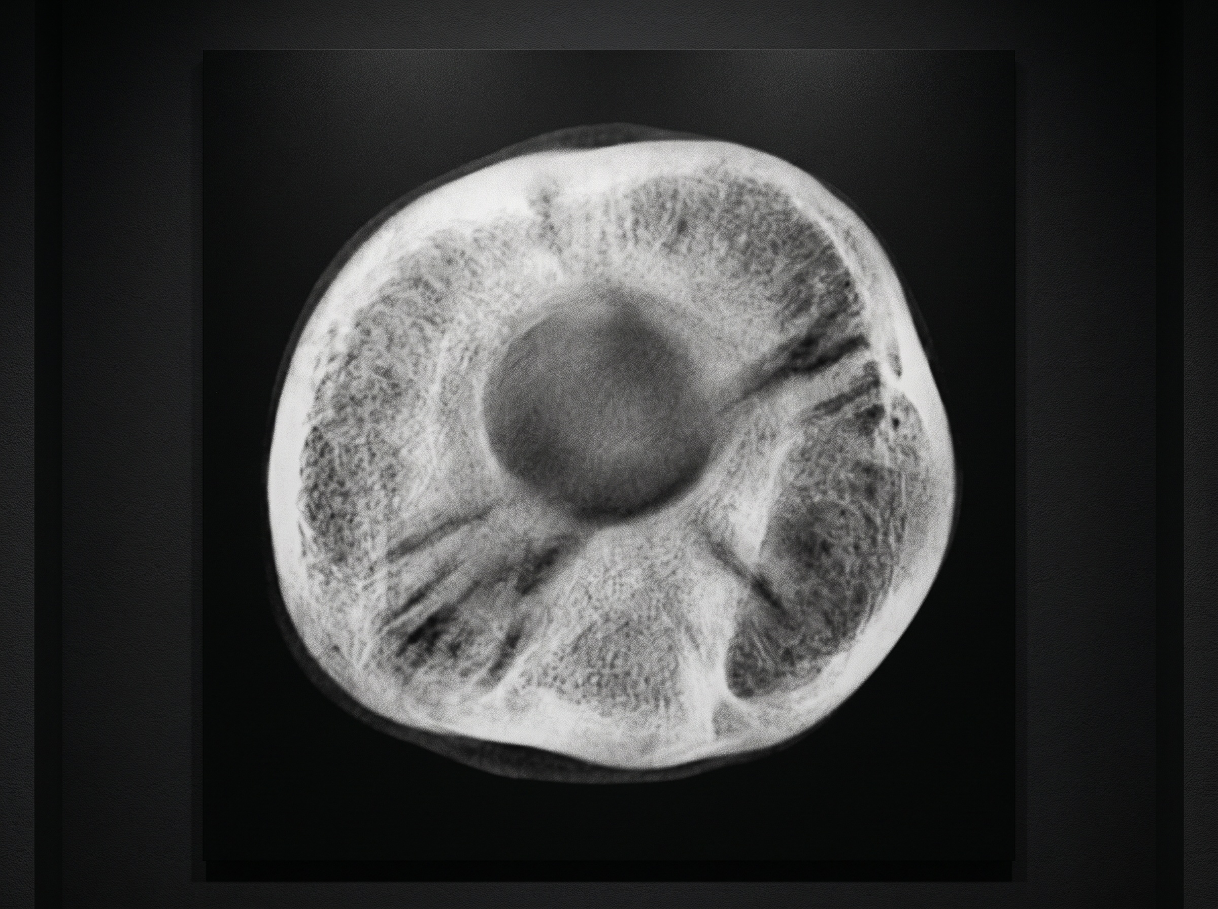 A grayscale CT slice showing central cupping and dark bands between dense structures, the signature of beam hardening