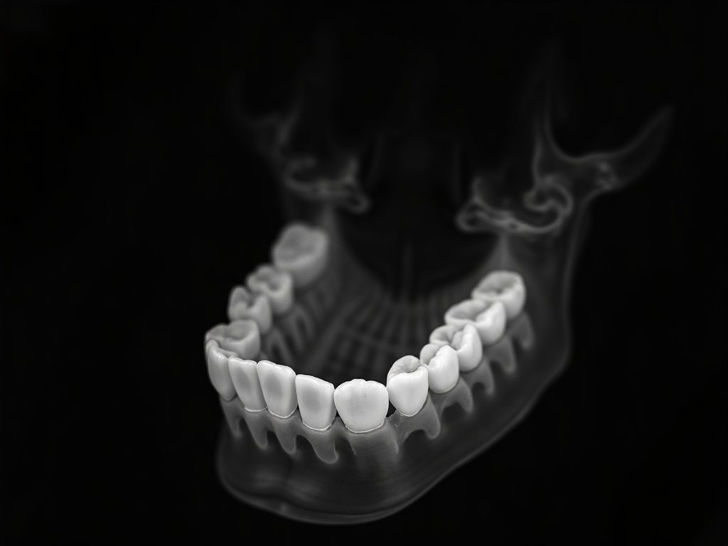 A radiographic image of the jaw softened by directional blur and doubled outlines from patient movement