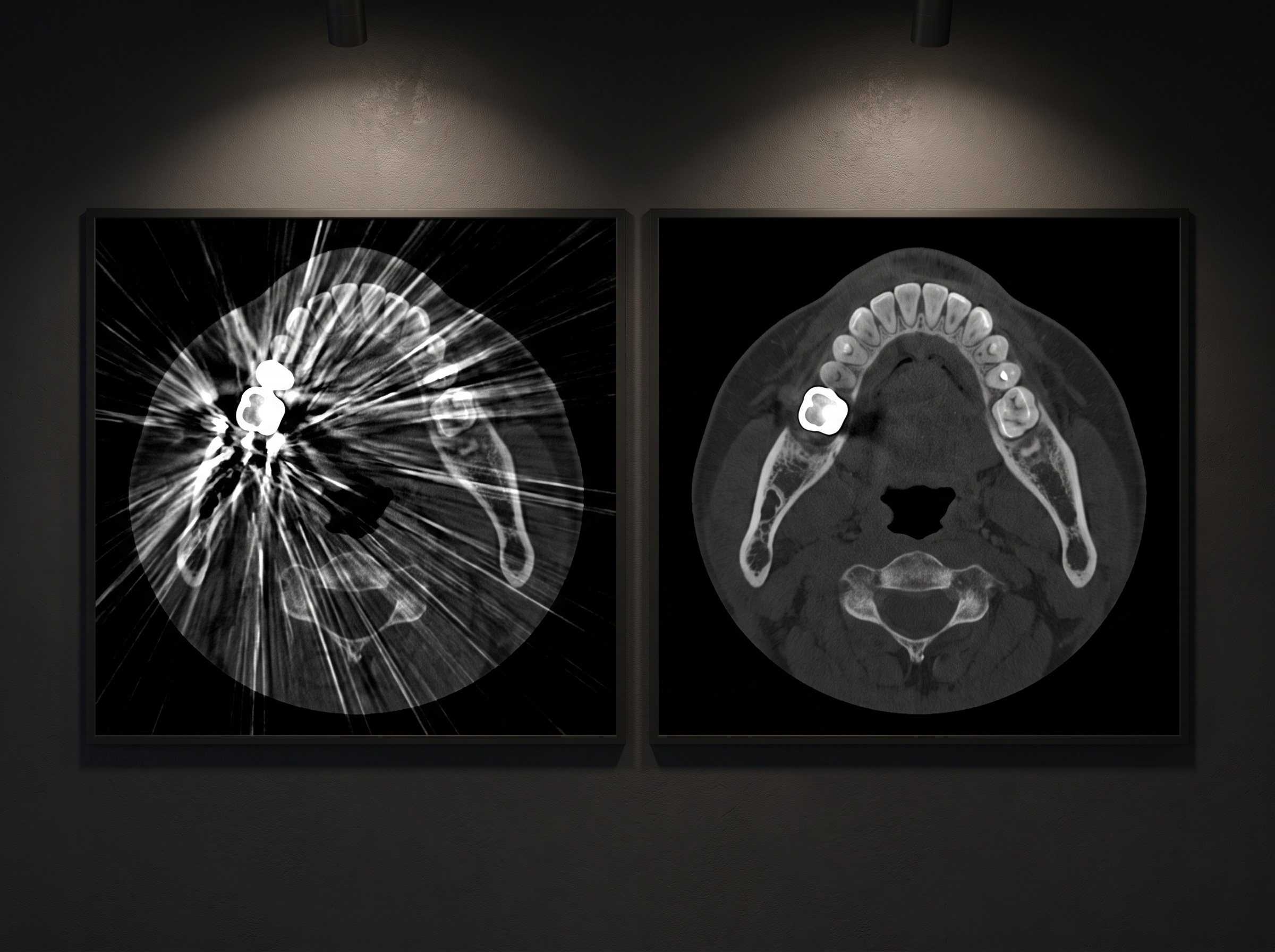 Two side-by-side CT slices, one full of metal streaks and one clarified after artifact-reduction processing