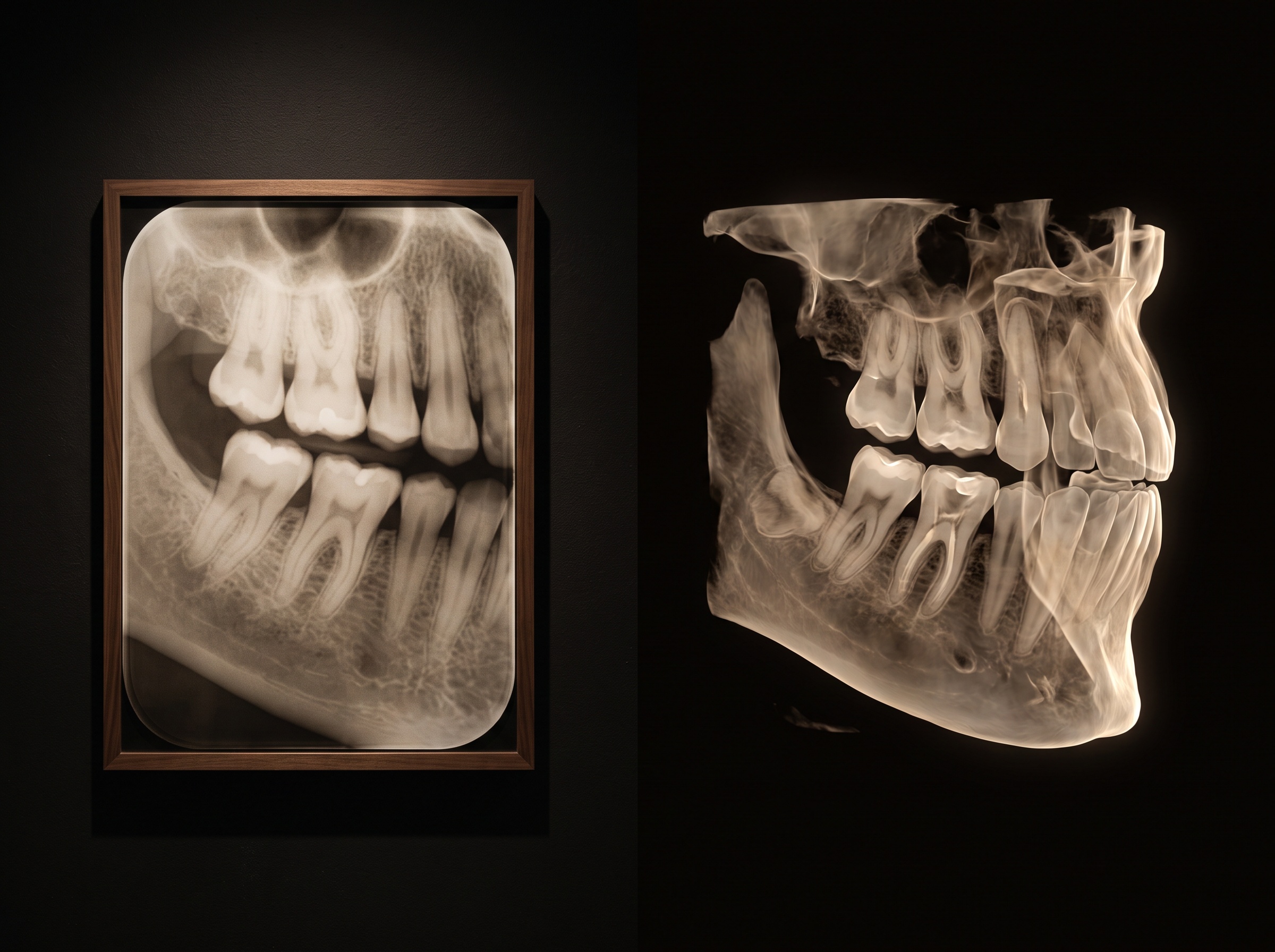 A diptych: a flat framed 2D radiograph on the left, a glowing volumetric 3D cone-beam rendering of the same anatomy on the right