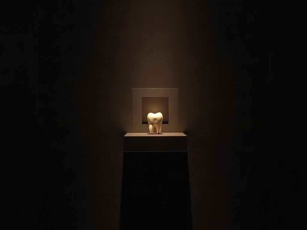 A brass aperture narrowing a beam of light to illuminate a single tooth on a dark wall, the rest in shadow