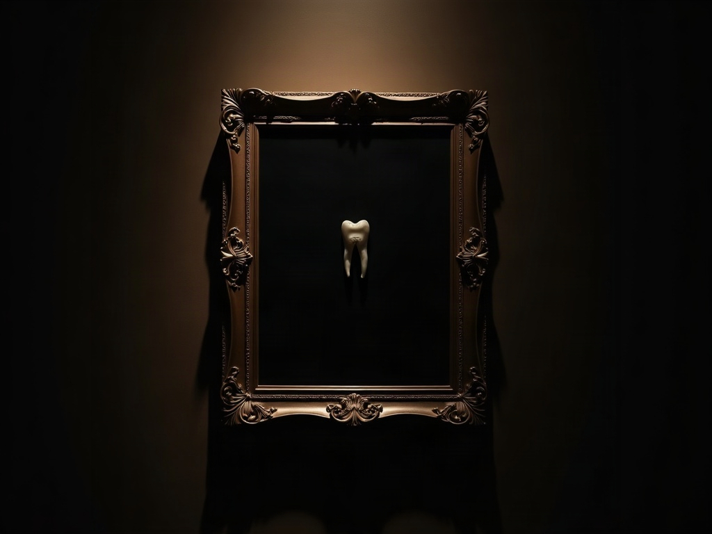 An empty ornate picture frame on a gallery wall with only shadow inside, a faint tooth root barely suggested in the dark