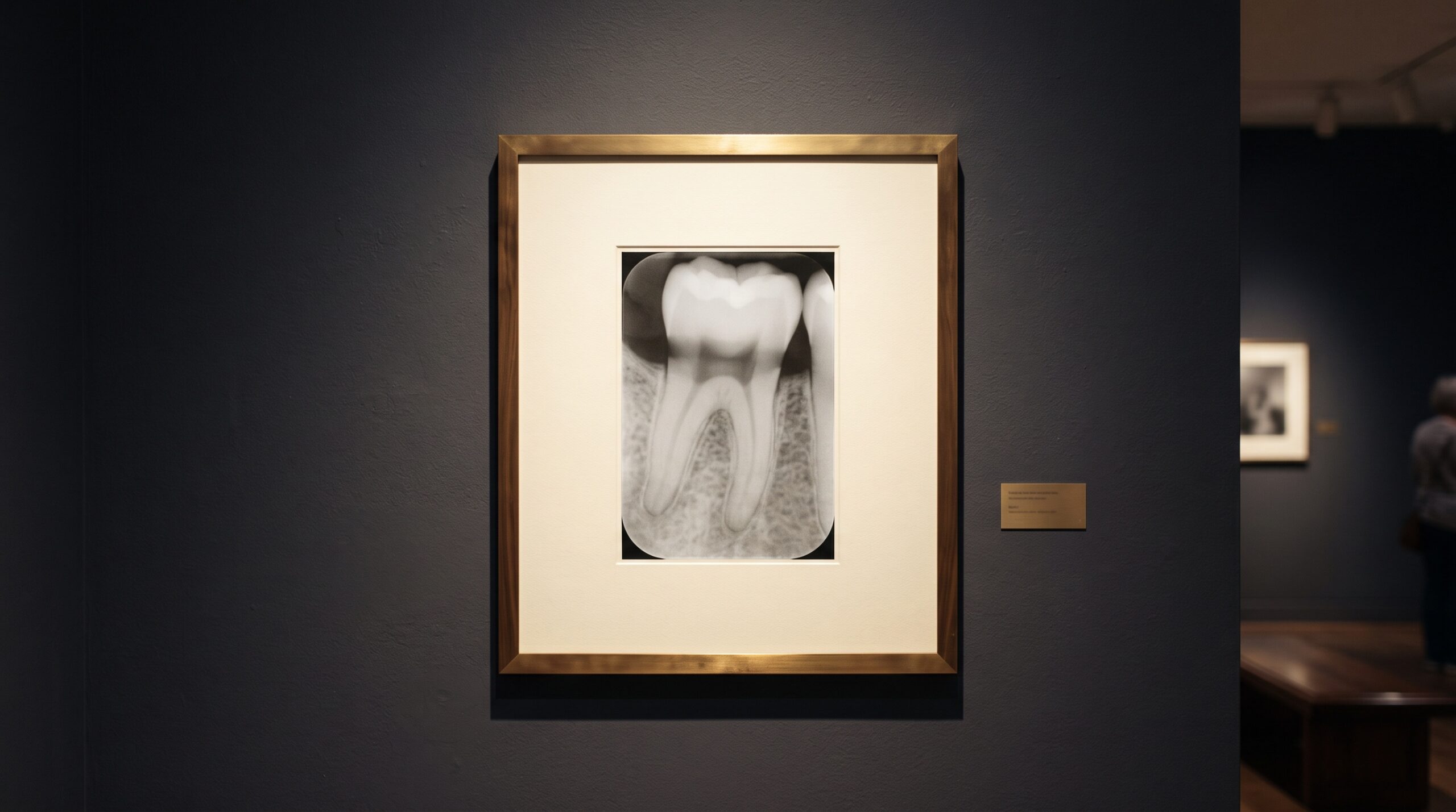 A framed dental radiograph under gallery lighting showing a soft diffuse dark band at the neck of a tooth between crown and bone