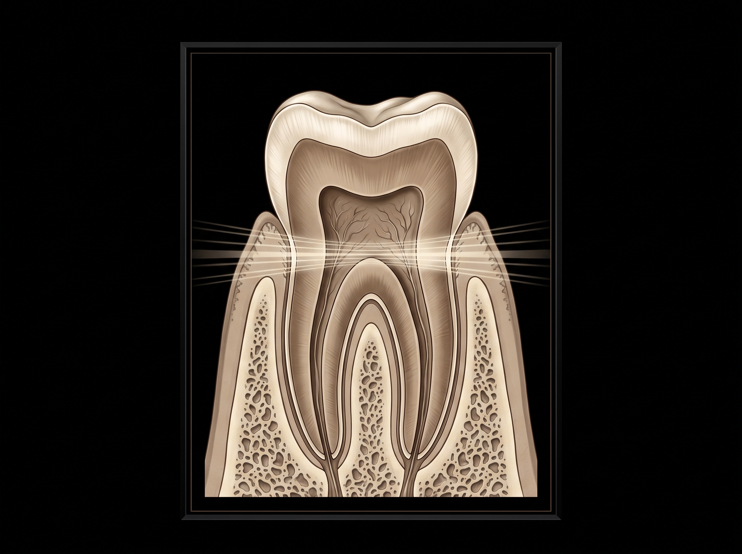 Stylized tooth cross-section showing the thin cervical zone between the enamel crown and the bone-supported root where X-rays pass most easily