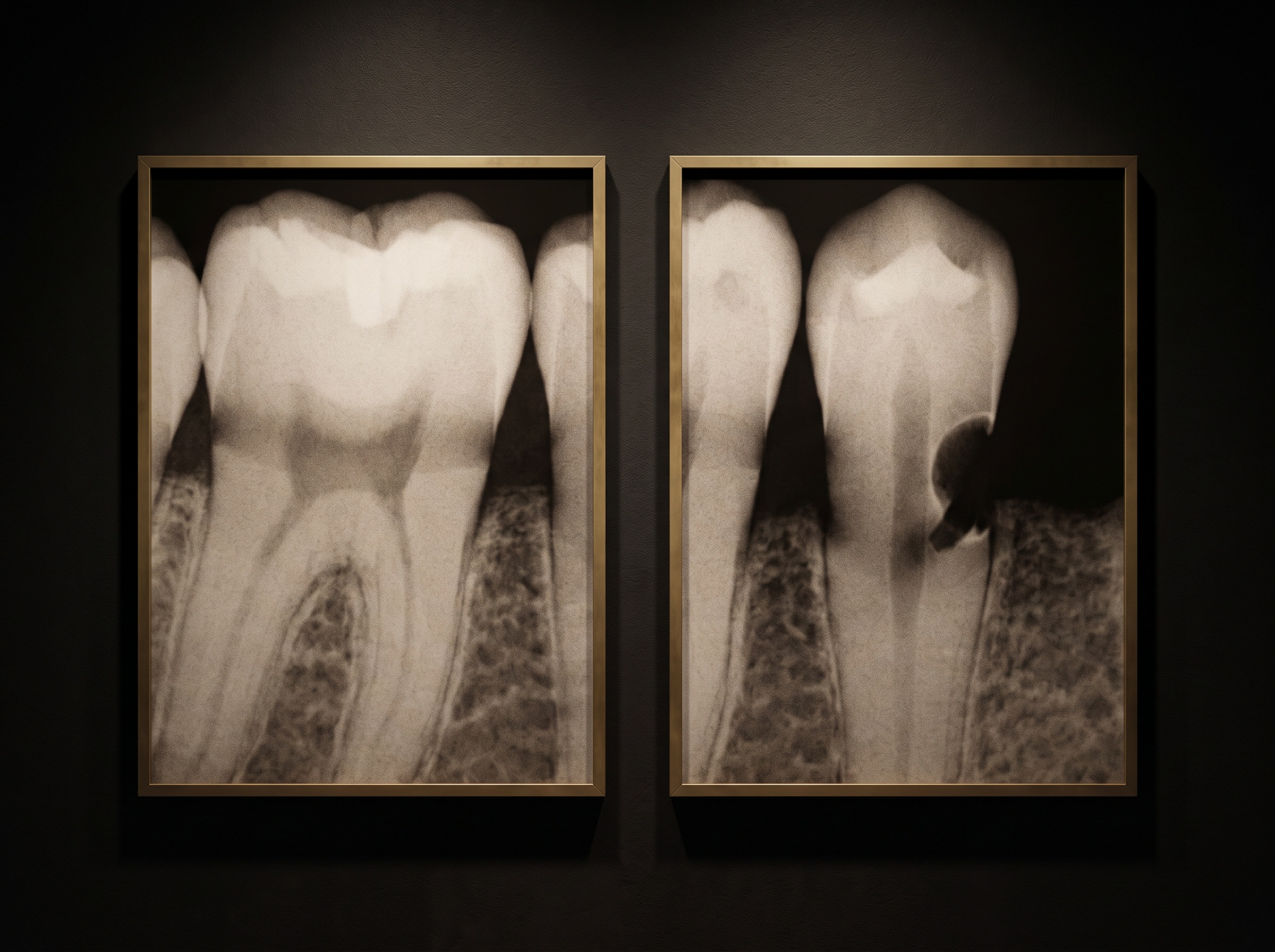 Two radiograph details compared: a diffuse symmetric band on the left versus a sharp localized cupped notch on the right