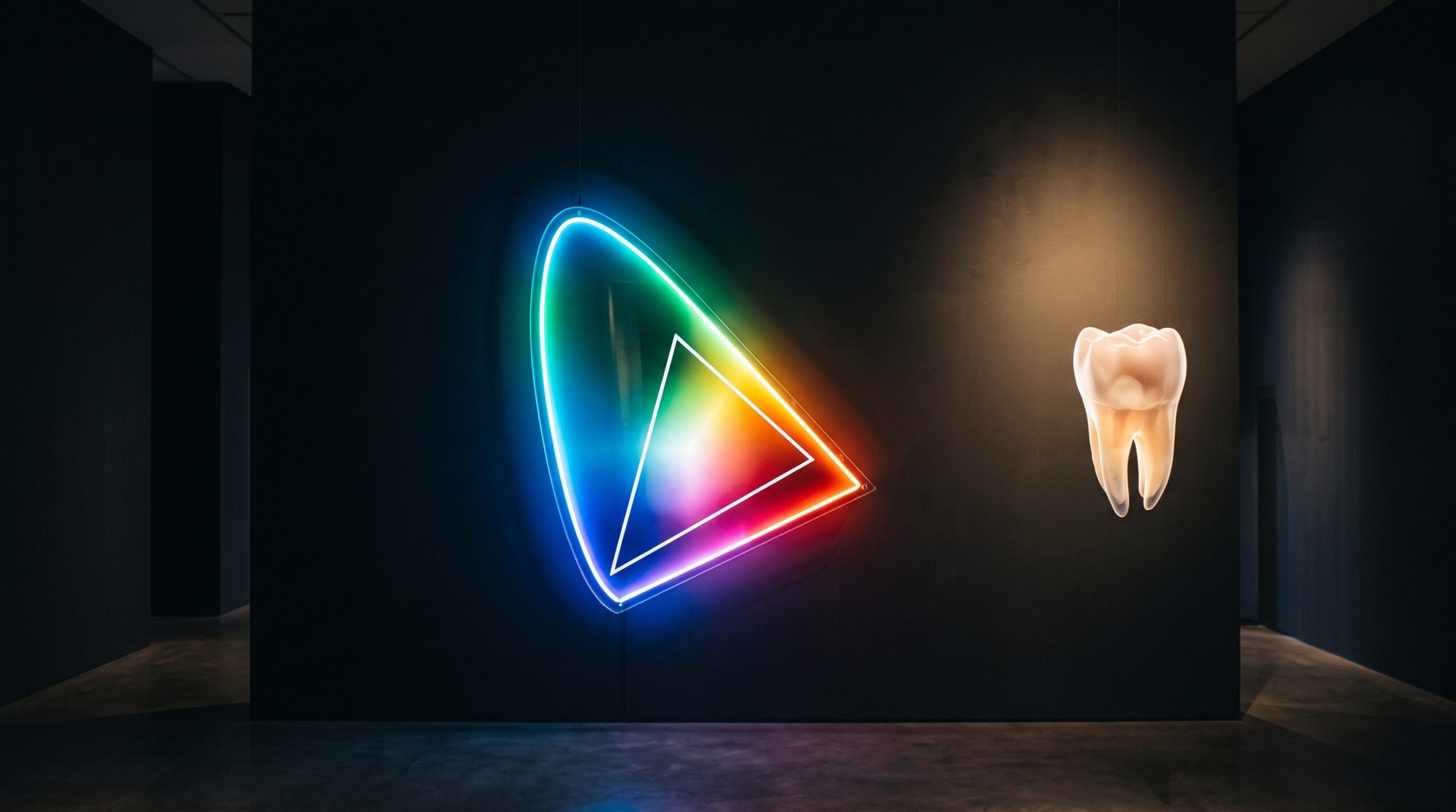 A glowing horseshoe chromaticity diagram with a smaller triangle inside it, beside a translucent tooth, under gallery lighting