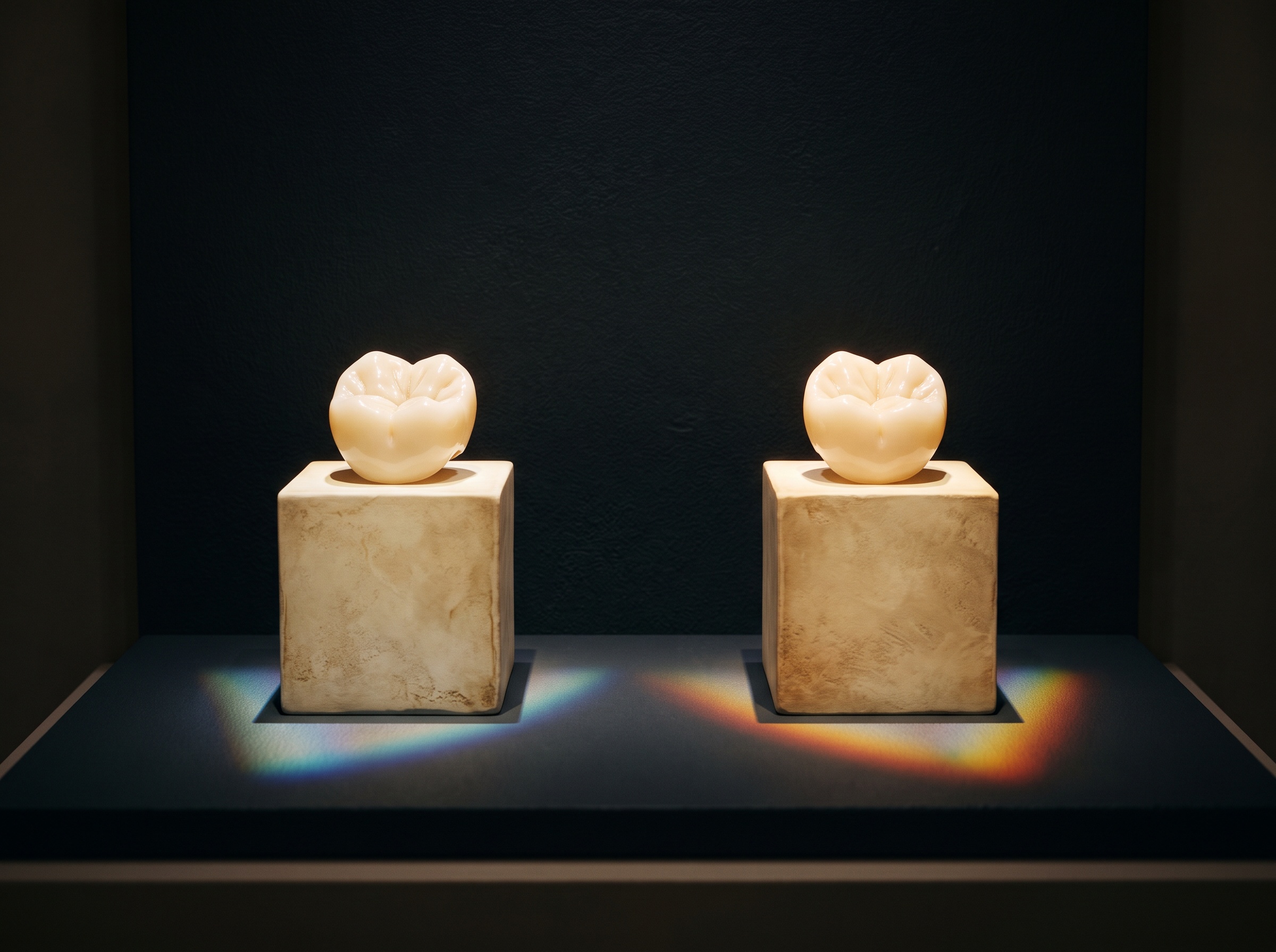Two identical-looking tooth crowns on pedestals, each casting a slightly different spectral rainbow, illustrating metamerism
