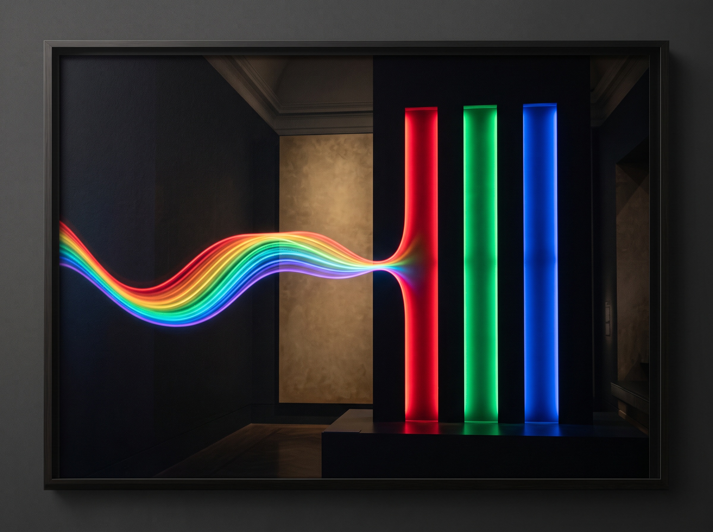 A smooth continuous spectrum collapsing into three glowing red, green and blue bars, representing tristimulus reduction