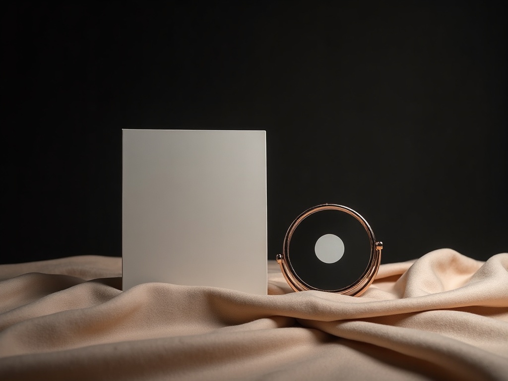 A gray calibration card and color reference target beside a dental mirror, arranged as an elegant still life