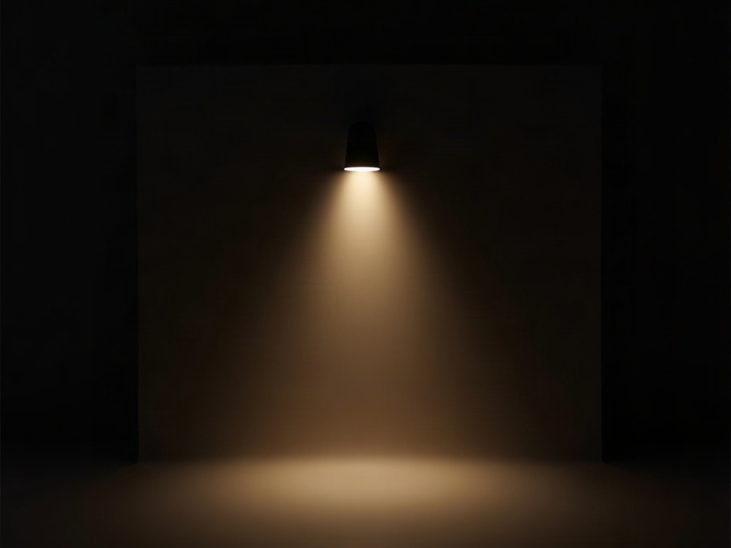 A broad cone of light trimmed by a rectangular aperture into a clean narrow rectangular beam aimed at a small panel