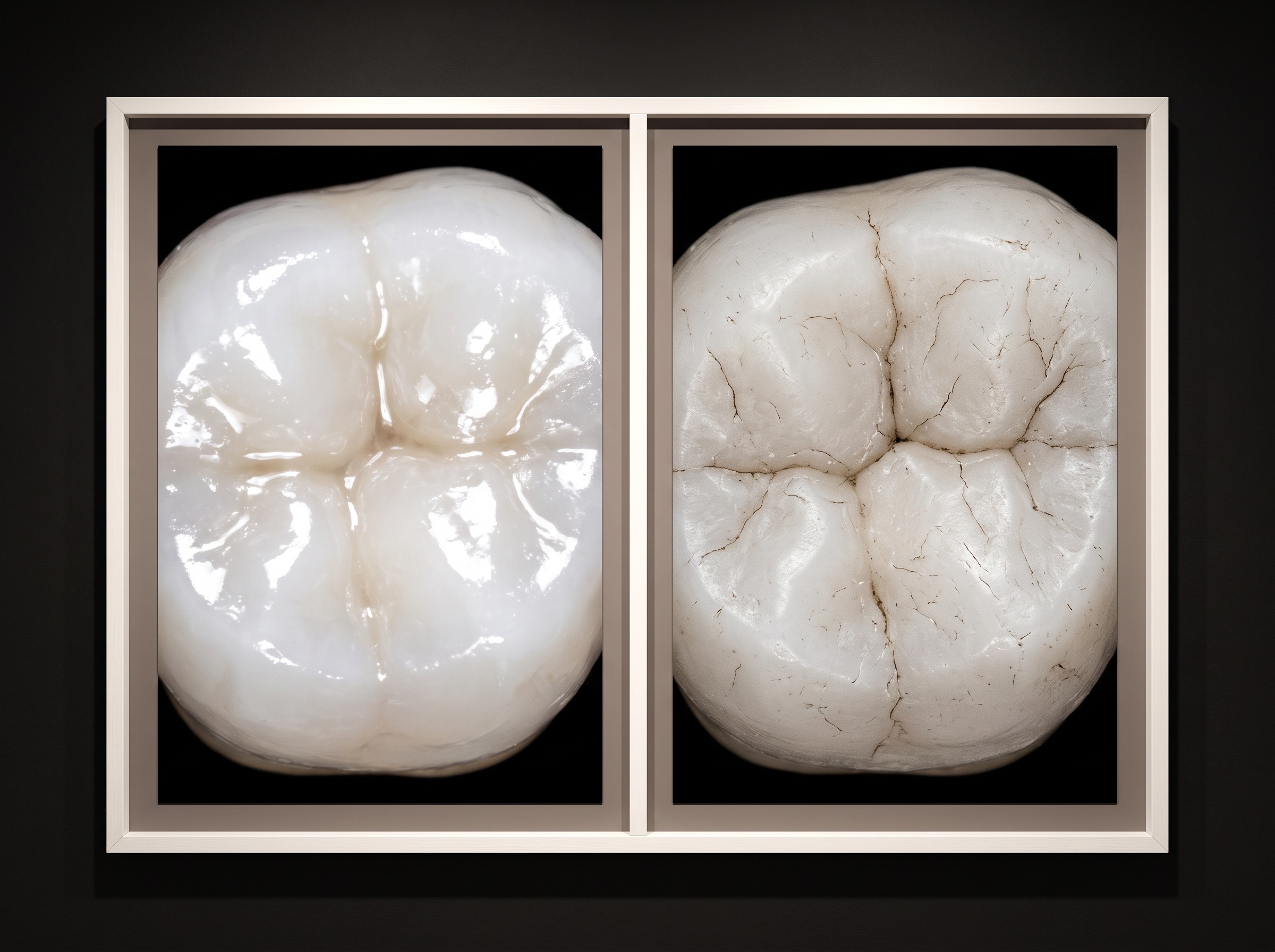Comparison of a tooth with specular glare versus a cross-polarized glare-free view showing texture