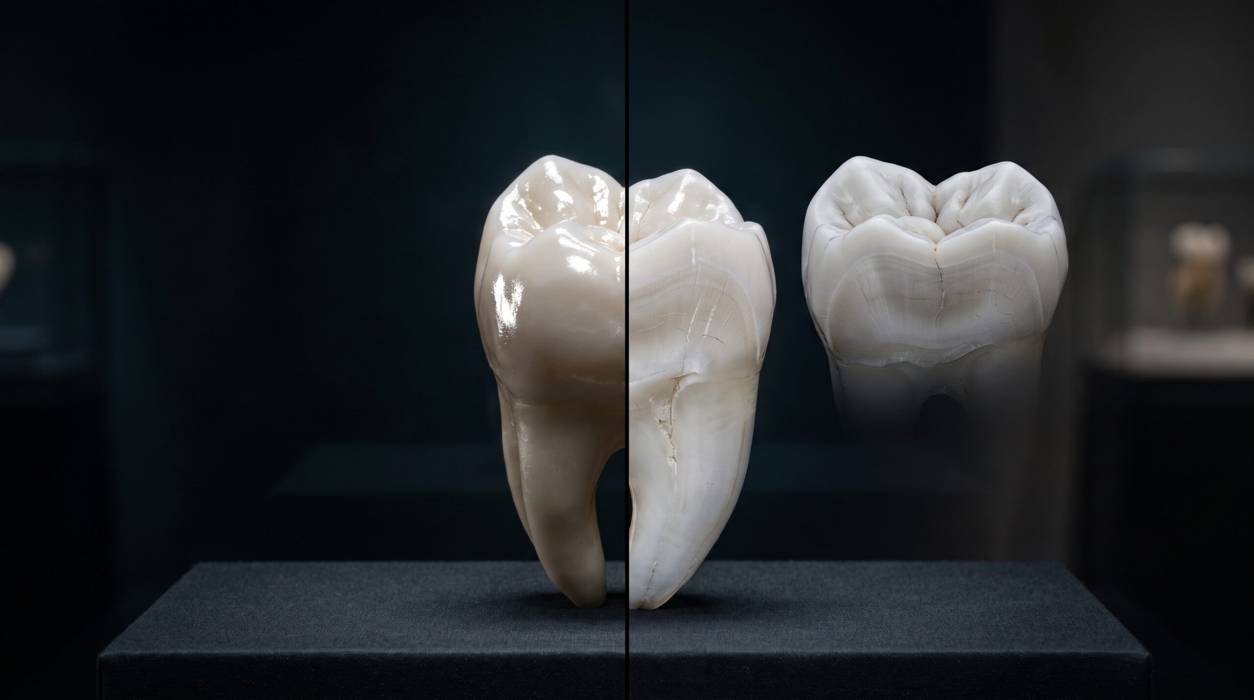 A tooth shown half with glare and half in glare-free cross-polarized clarity
