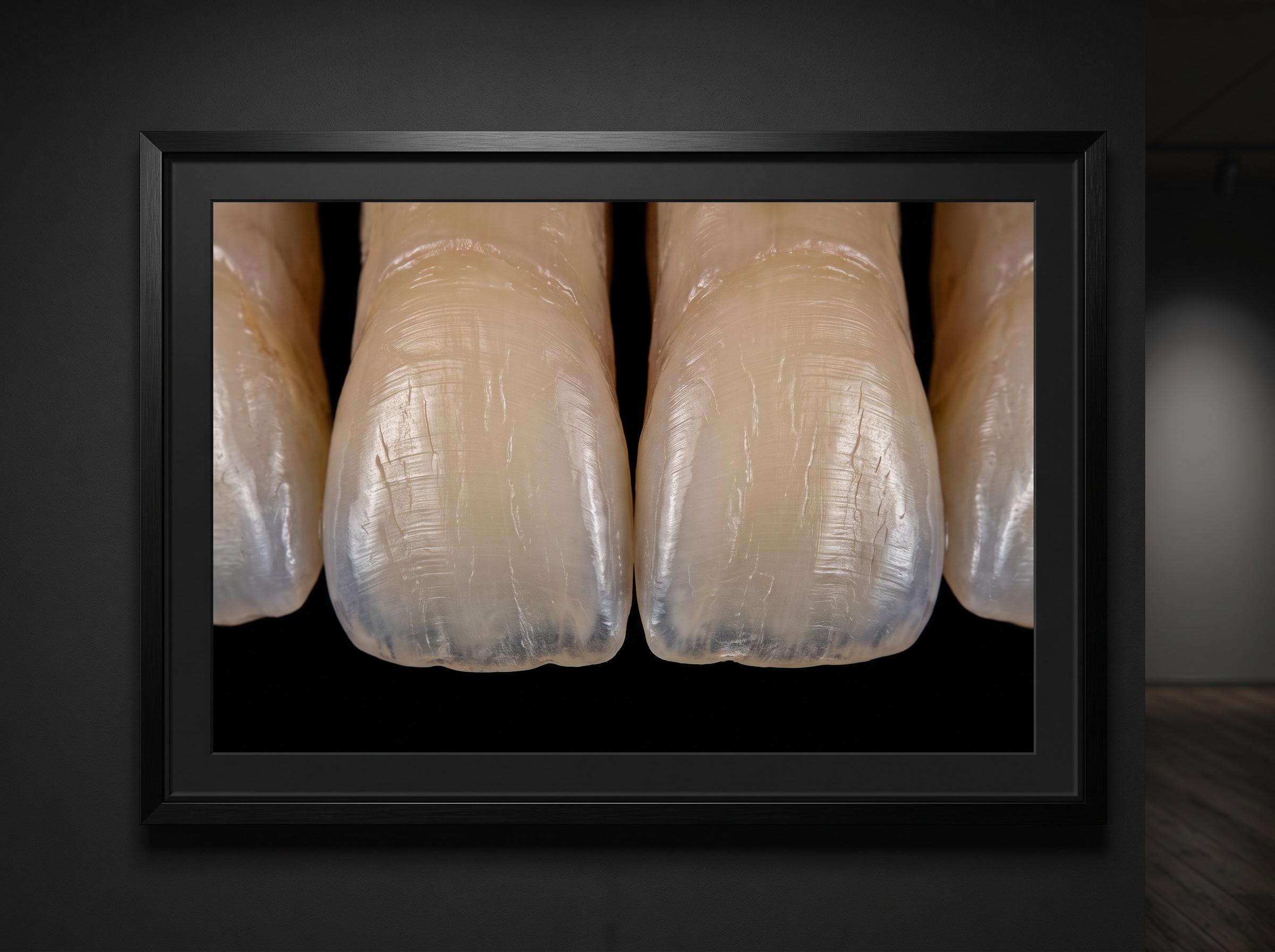Cross-polarized macro of anterior teeth revealing mamelons and translucency