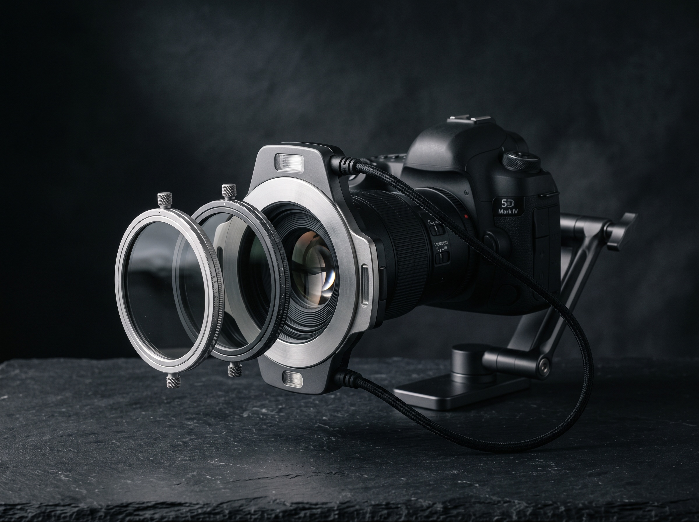 A macro lens and ring flash fitted with polarizing filters, shown as still life