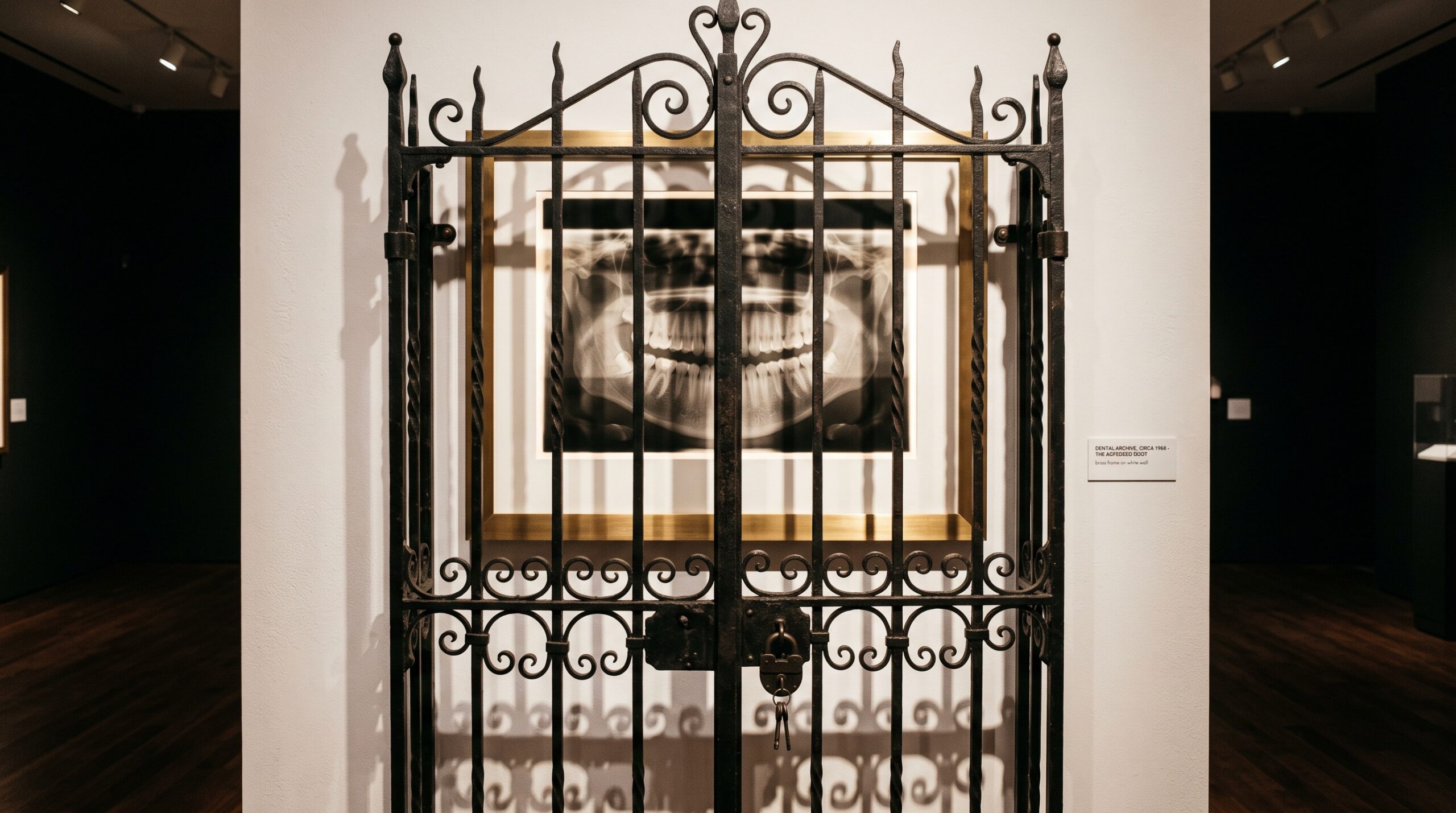 A framed dental radiograph glowing behind a closed, locked iron gate on a gallery wall - the image visible but unreachable.