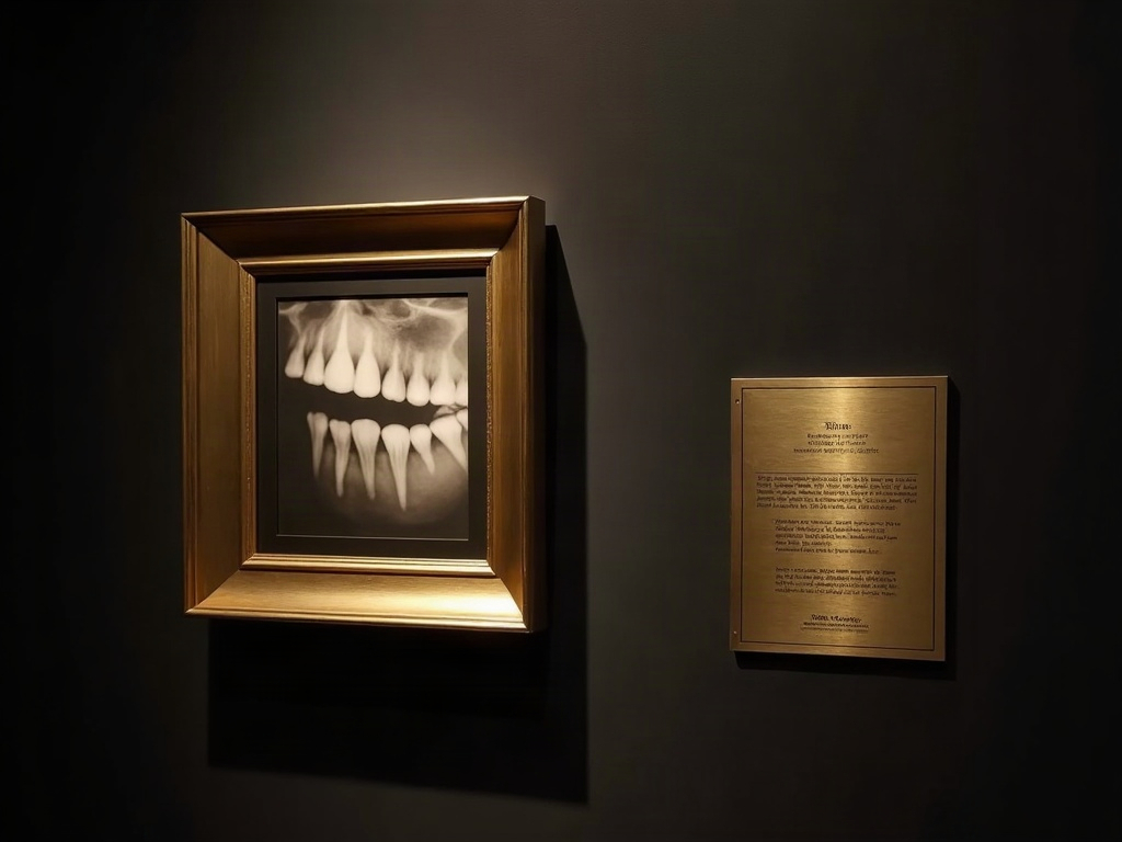 A framed dental radiograph beside a brass museum placard engraved with its acquisition and calibration data, like a painting's provenance card.