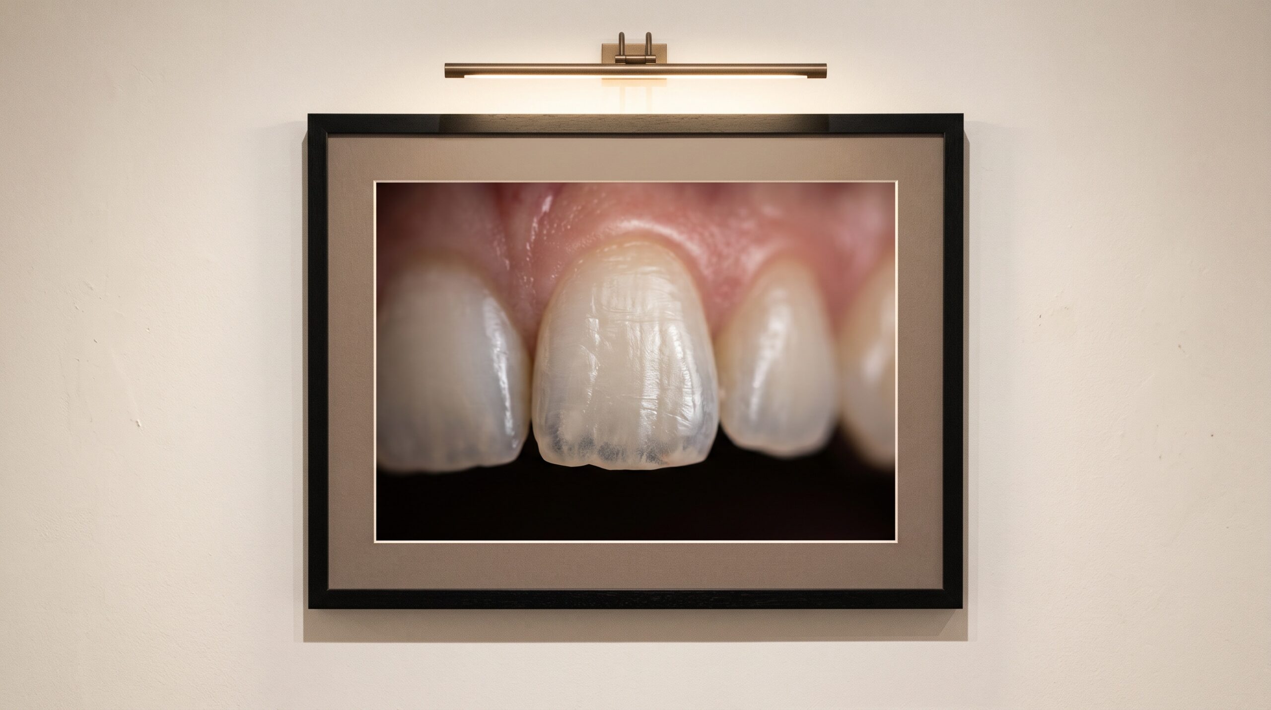 A dental macro photograph with one tooth in sharp focus and neighbours softly blurred, framed as gallery art
