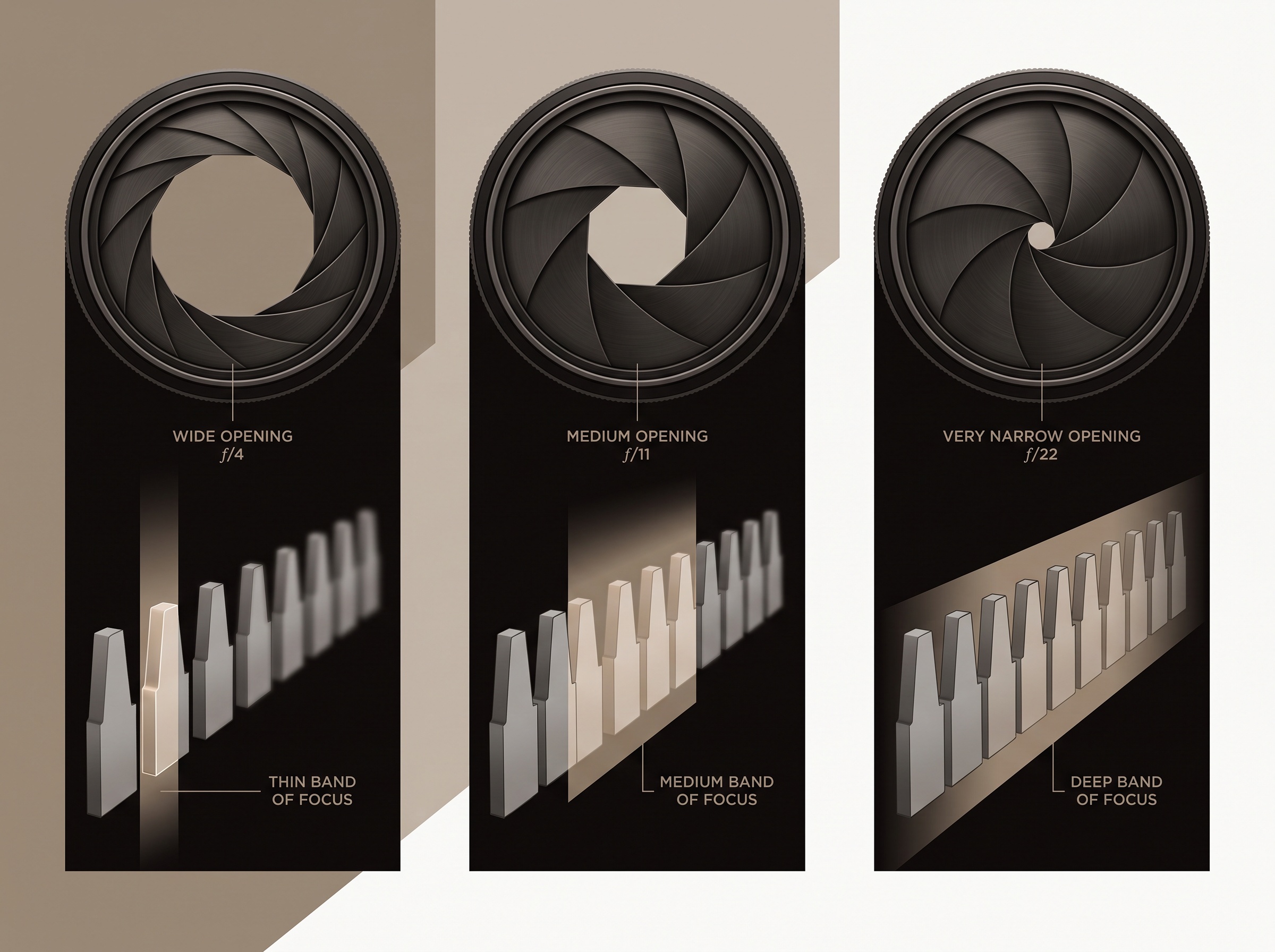 Diagram of three aperture sizes and the increasing depth of field each produces across a row of teeth