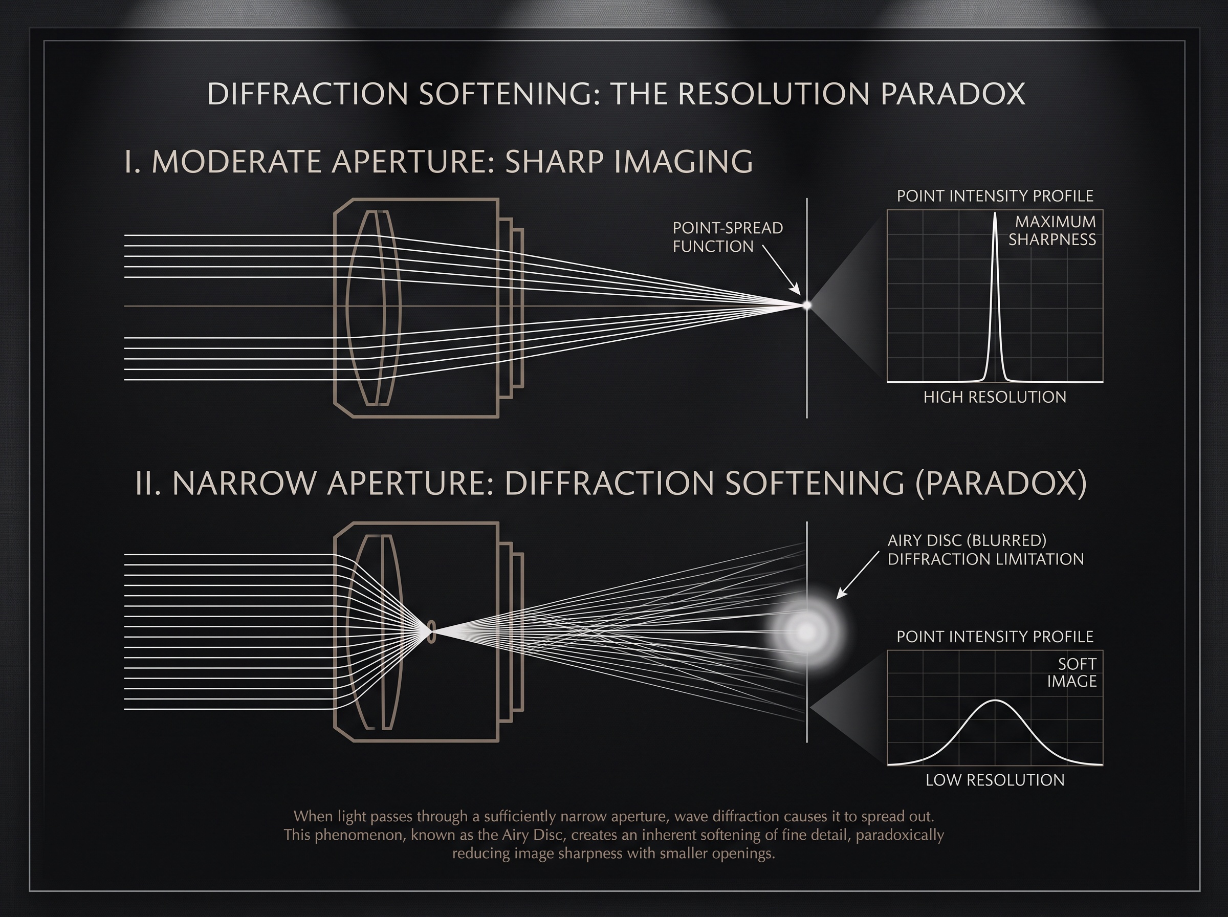 Illustration of diffraction: a point of light spreading into a soft disc through a very narrow aperture