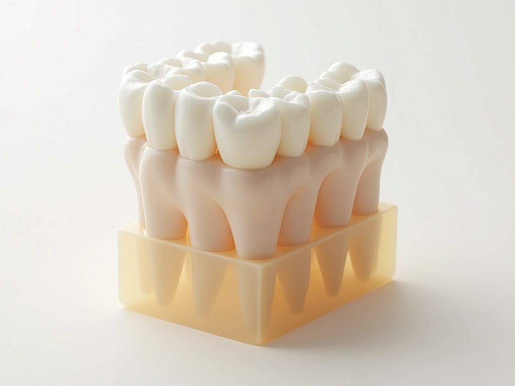 Several photographs each focused at a different depth merging into one fully sharp composite of a dental arch