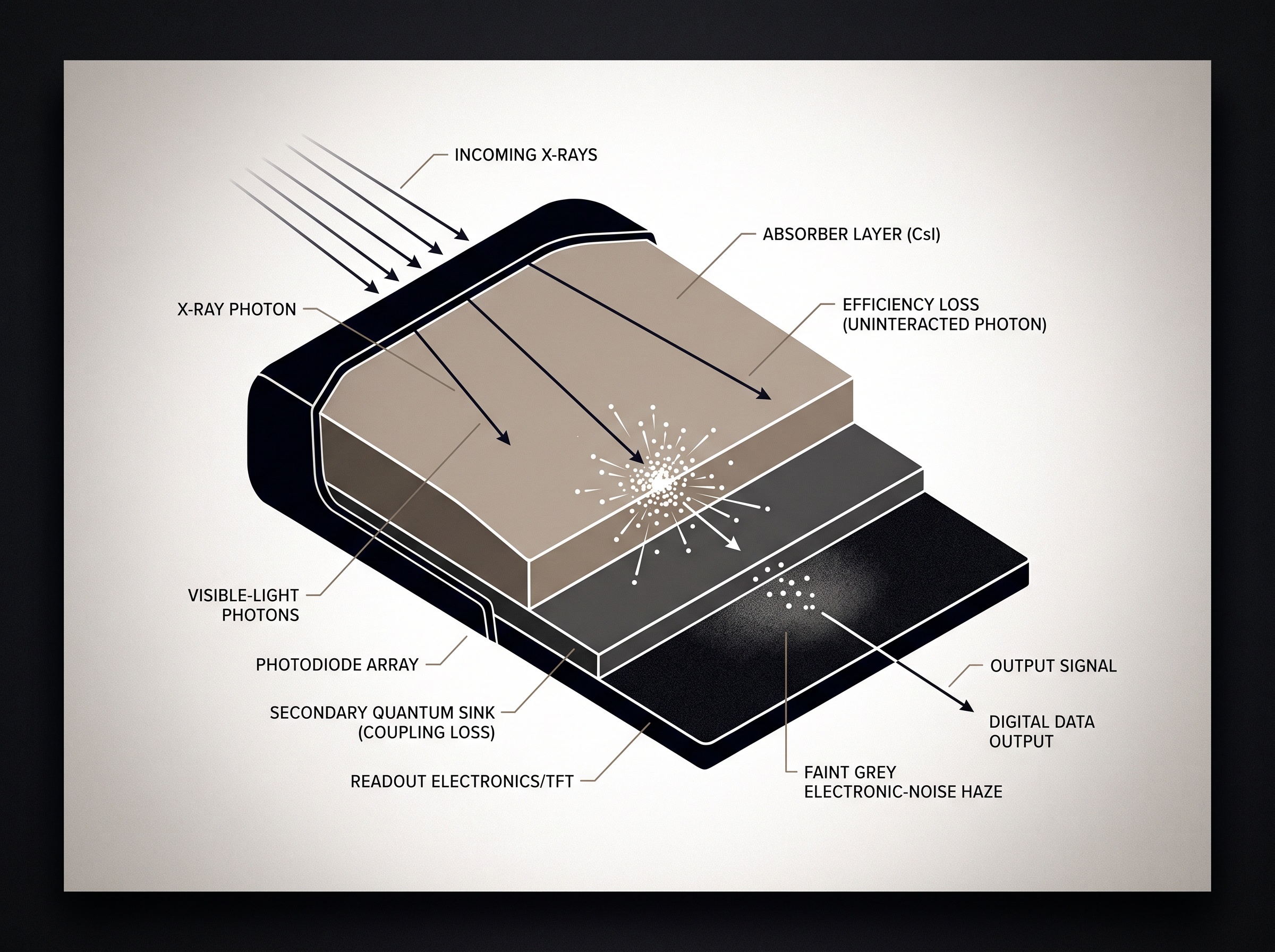 Schematic of where information leaks in an X-ray detector: absorption, secondary quantum sink, electronic noise