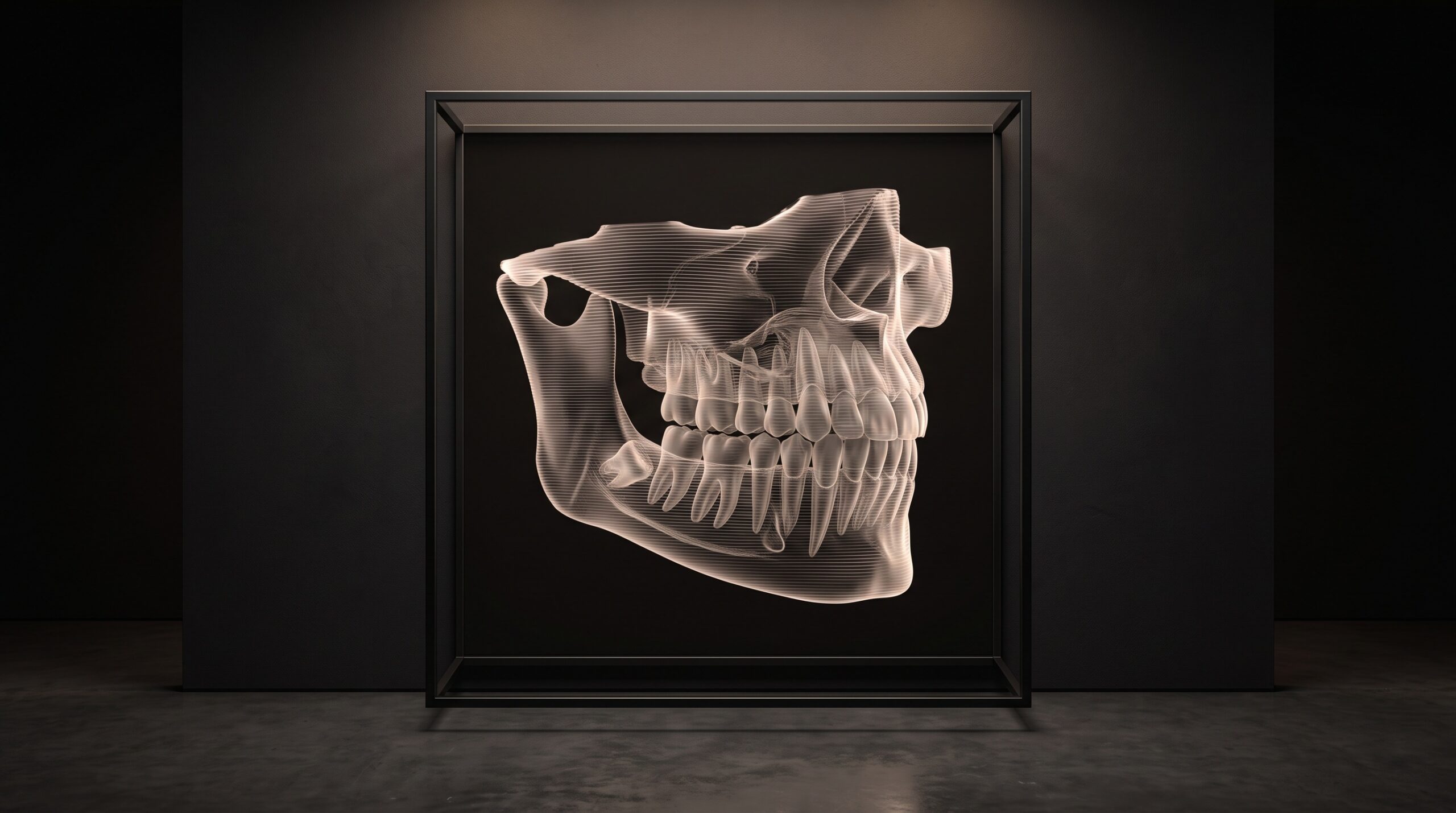 A volumetric CBCT render of a jaw and teeth presented as suspended sculpture, its internal cross-section planes faintly visible