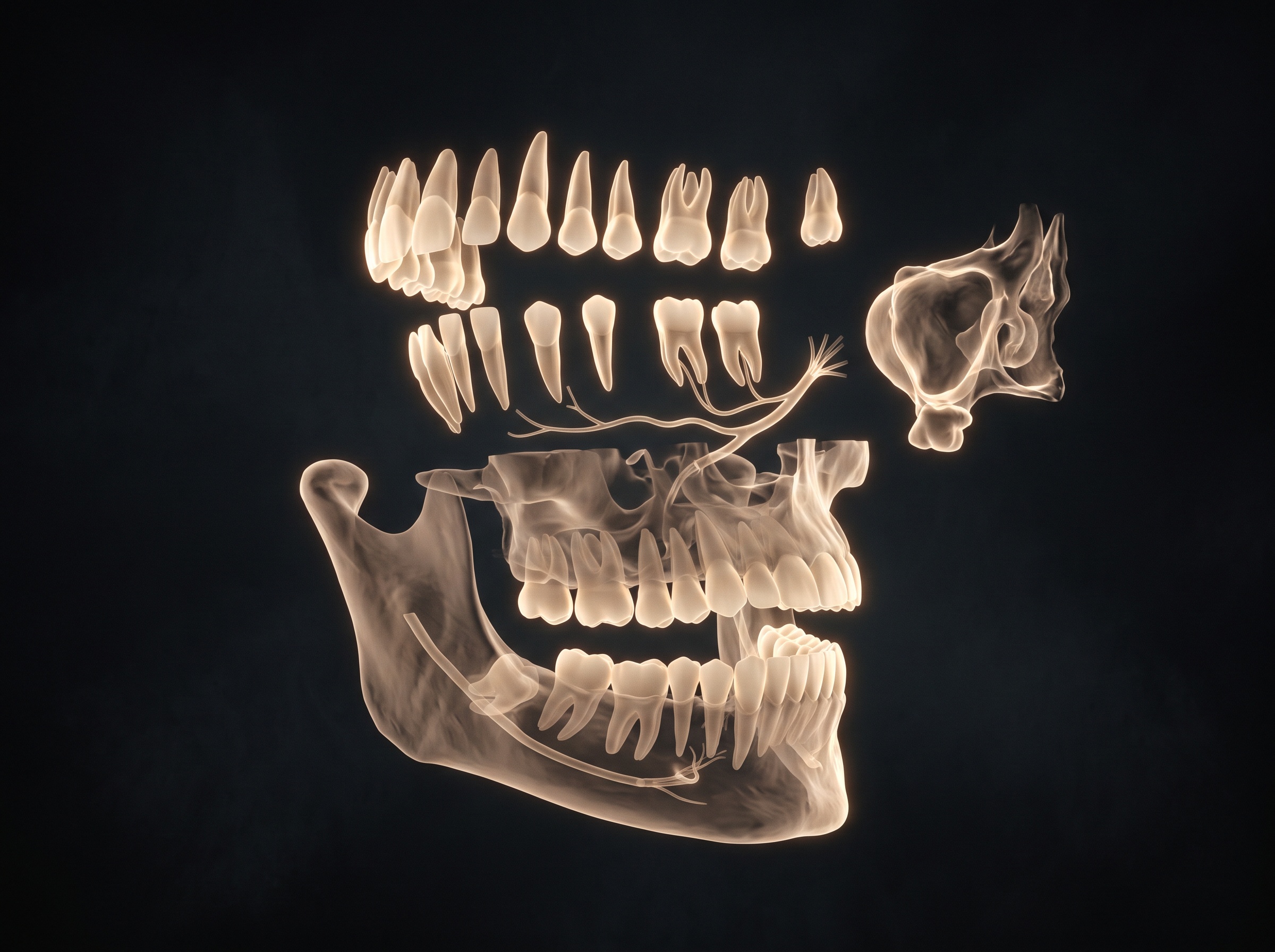 A translucent jaw volume with individual teeth, nerve canal and sinus separating out as distinct glowing forms