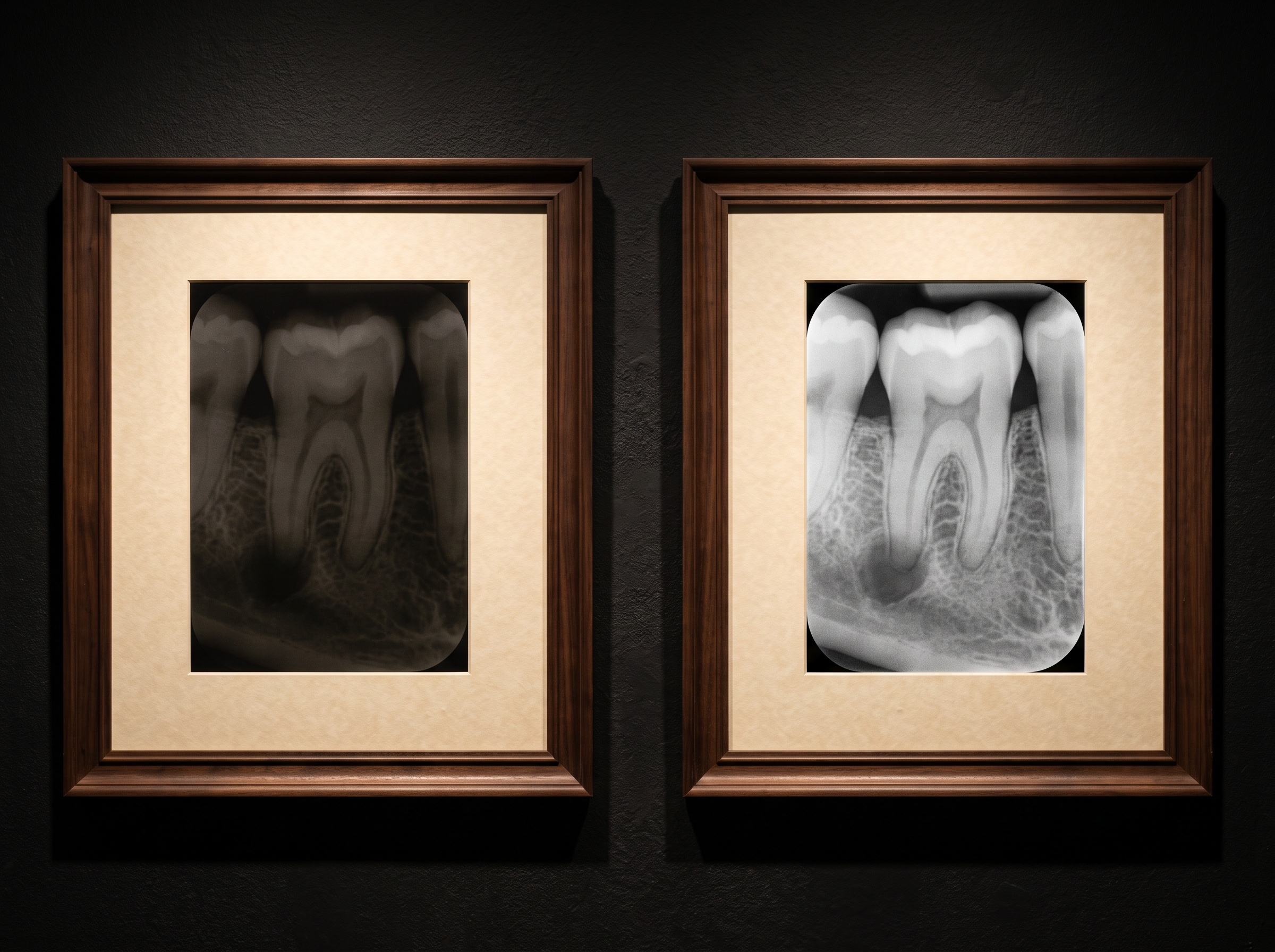Two radiographs of the same tooth: a murky version with crushed shadows on the left, a calibrated luminous version revealing a faint detail on the right