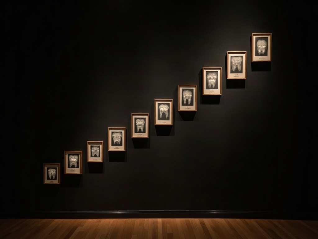 A row of near-identical framed radiographs climbing gently upward across a gallery wall, showing an invisible upward drift
